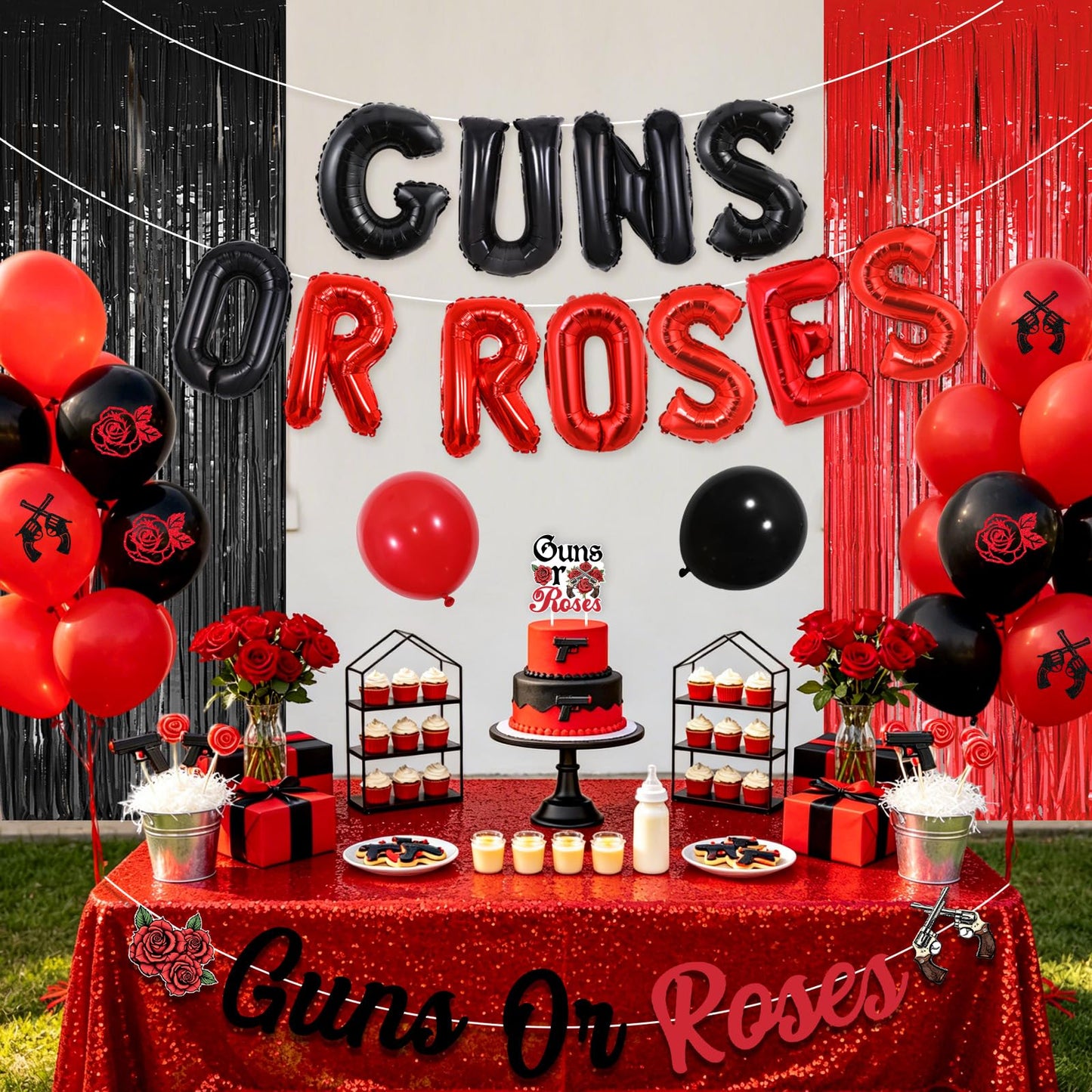 Wonmelody Guns Or Roses Gender Reveal Decorations Red Black Guns Or Roses Banner Cake Topper Balloon Sash Fringes Card Set Gender Reveal Theme Kit for Expecting Parents