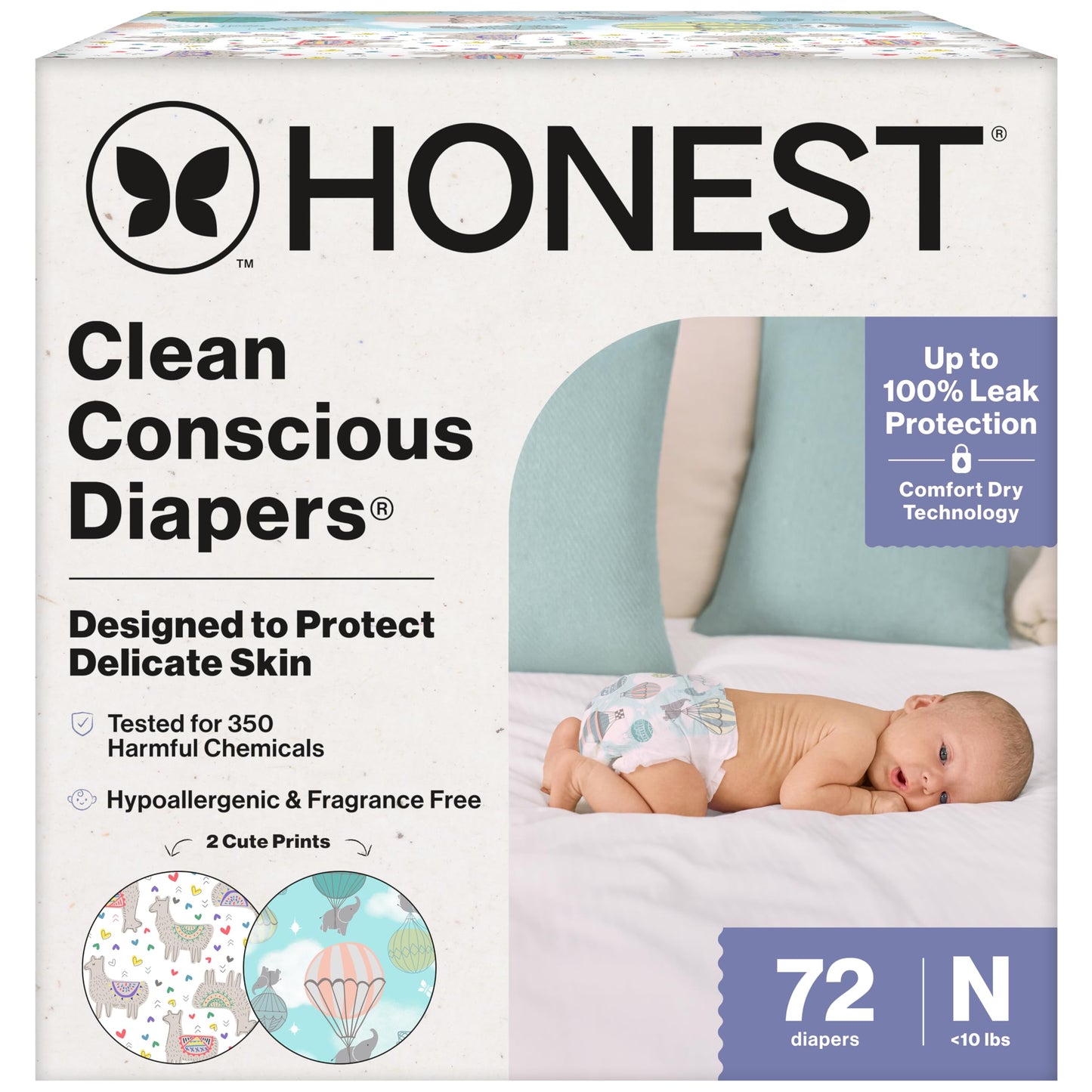 The Honest Company Comfort Dry Disposable Diapers for Sensitive Skin, Hypoallergenic, Above It All + All the Alpacas, Club Box Size Newborn 72 Count
