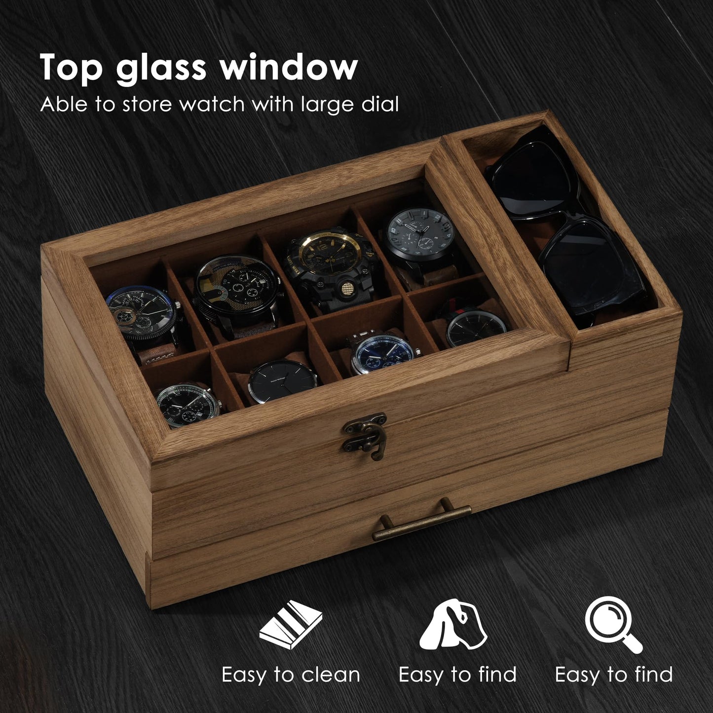 GALHUBIS Watch Box with Tray, 2-Tier Watch Case for Large Dial Watches, 8-Slot Watch Display Case with Lid, Removable Watch Pillows, Drawer, Gifts for Men Women, Watch Organizer, Jewelry Box, Walnut