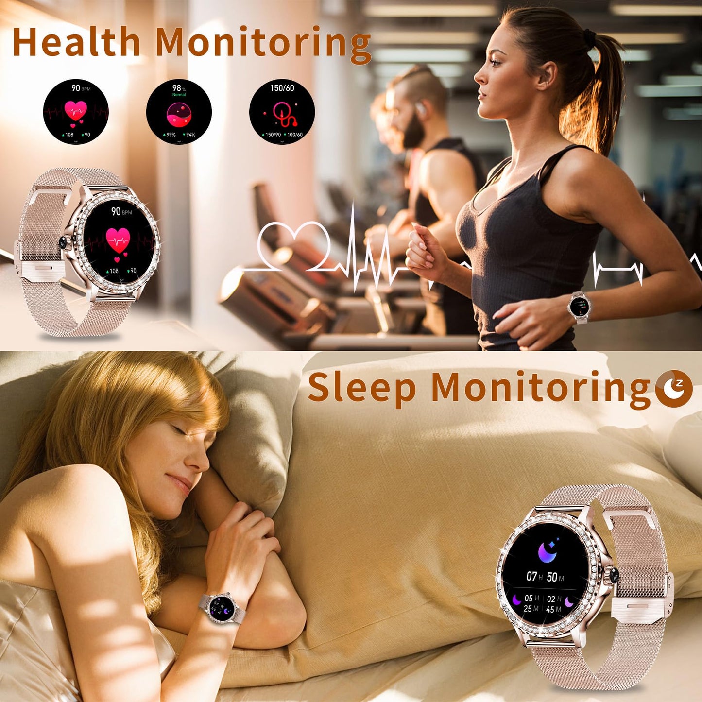 Smart Watches for Women (Answer/Make Call) with Diamonds, 1.3”HD Screen Bluetooth Smartwatch for Android iOS Phones, IP68 Waterproof Fitness Activity Trackers with Heart Rate/SpO2/BP/Sleep Monitor