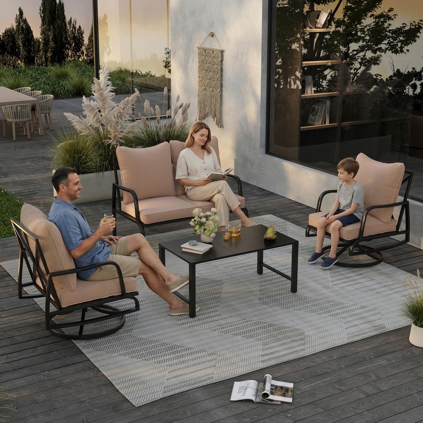 Soohow Outdoor Patio Conversation Set, 4 Seat Patio Furniture Set, Loveseat Sofa + 2 Swivel Sofa with 4" Cushion & Coffee Table for Porch, Poolside, Deck, and Yard