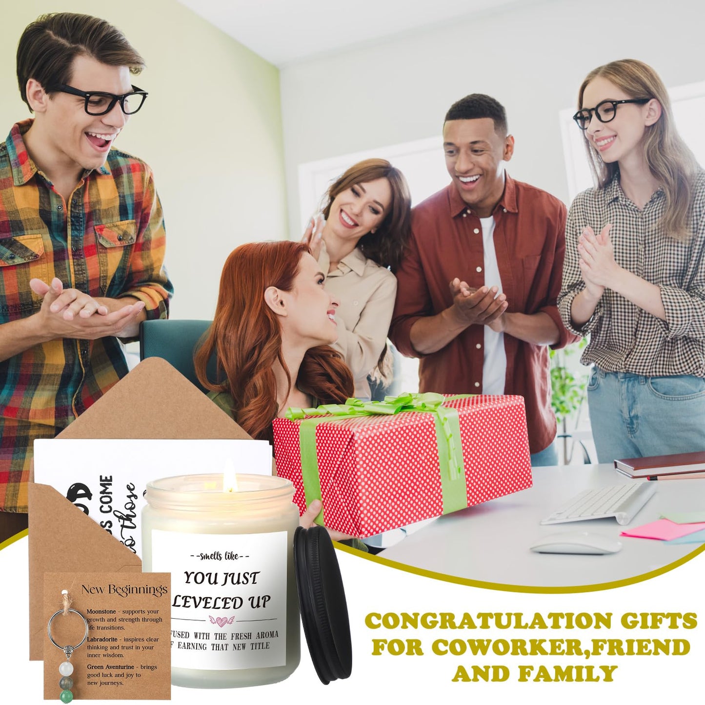 Lounsweer New Beginnings Gifts for Women Farewell Gifts for Coworkers Funny Promotion Gift Set for Women Men Include Candle, Key Chain and Card for Coworker, Gamer, Friend, Boss, Teachers, Nurses