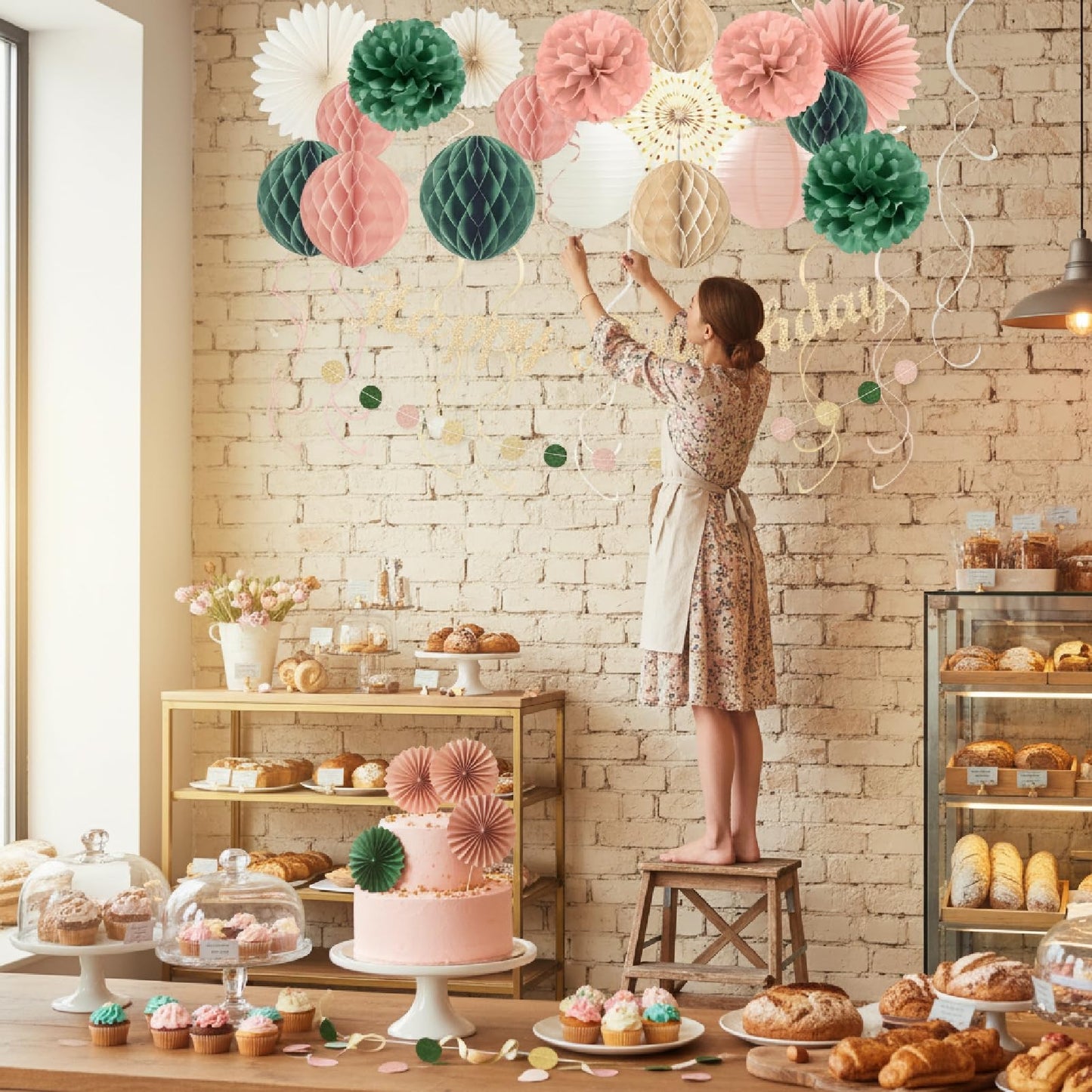 24Pcs Boho Style All-In-One Party Decorations Kit, Happy Birthday Banner with Honeycomb Balls, Paper Flowers, Lanterns, Hanging Swirls, Garland for Women, Girls Celebrations (Pink Sage Green)