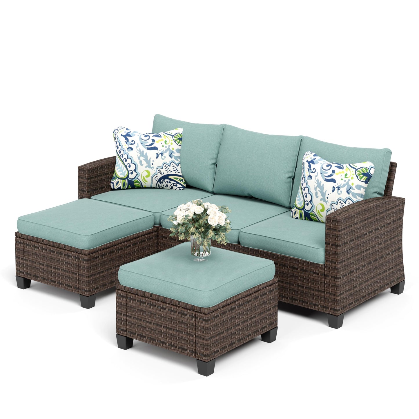 SUNSHINE VALLEY L-Shaped Outdoor Furniture Set, 5-Seat Couch with 2 Ottomans, Durable Rattan Sofa for Small Patios, Modular All-Weather Use, Blue