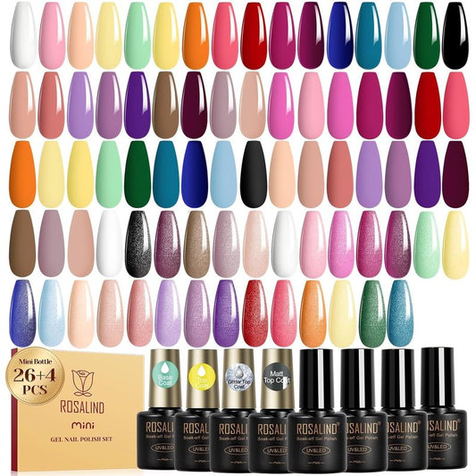 ROSALIND 30pcs Gel Nail Polish Set, 26 Colors Gel Polish with 3Pcs Glossy Matte Glitter Top Coat and Base Coat All Seasons Nude Blue Red Gel Nails art Kit DIY Salon at Home