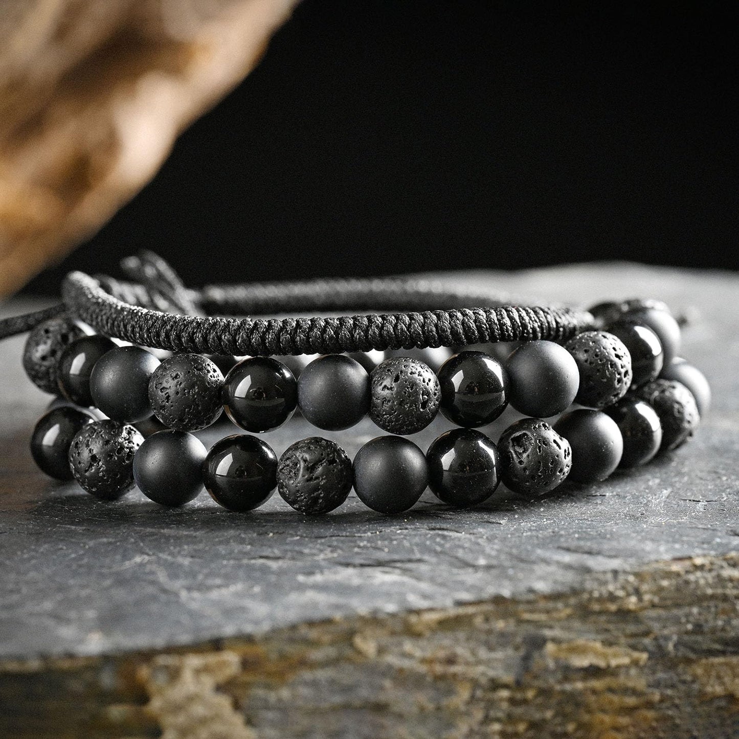 SAMXY Mens Bracelets Beads-8MM Black Onyx Obsidian Lava Stone Beads-3Pcs Handmade Natural Stone Crystal Healing Bracelet-Triple Protection Bracelet for Men Women Gifts