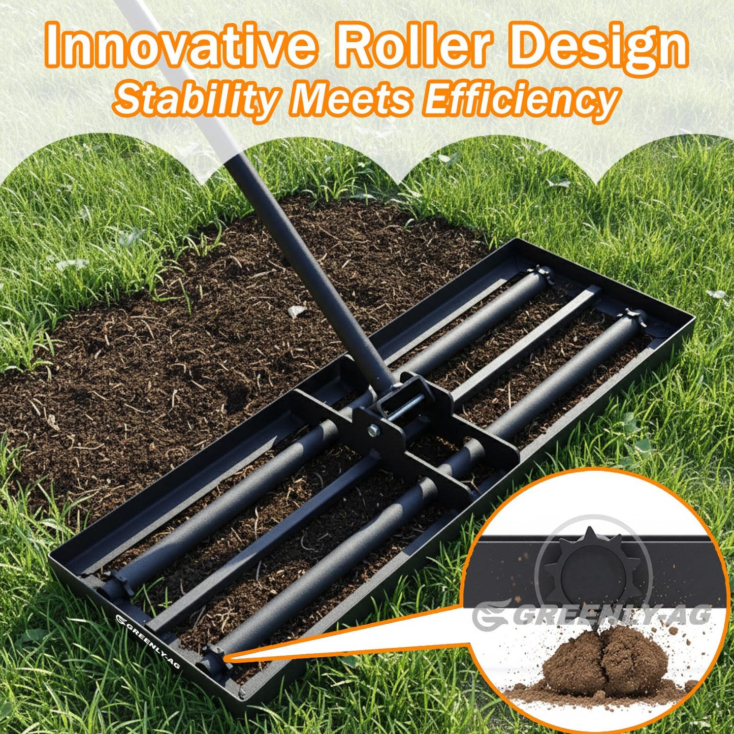 G GREENLY-AG 30" Heavy Duty Lawn Leveling Rake, 6.5FT Soil Leveler Tool, with 4 Spiked Wheels & Smooth Roller, Landscaping and Restoration Soil Sand Dirt Surfaces, for Garden Yard Farm Golf Course