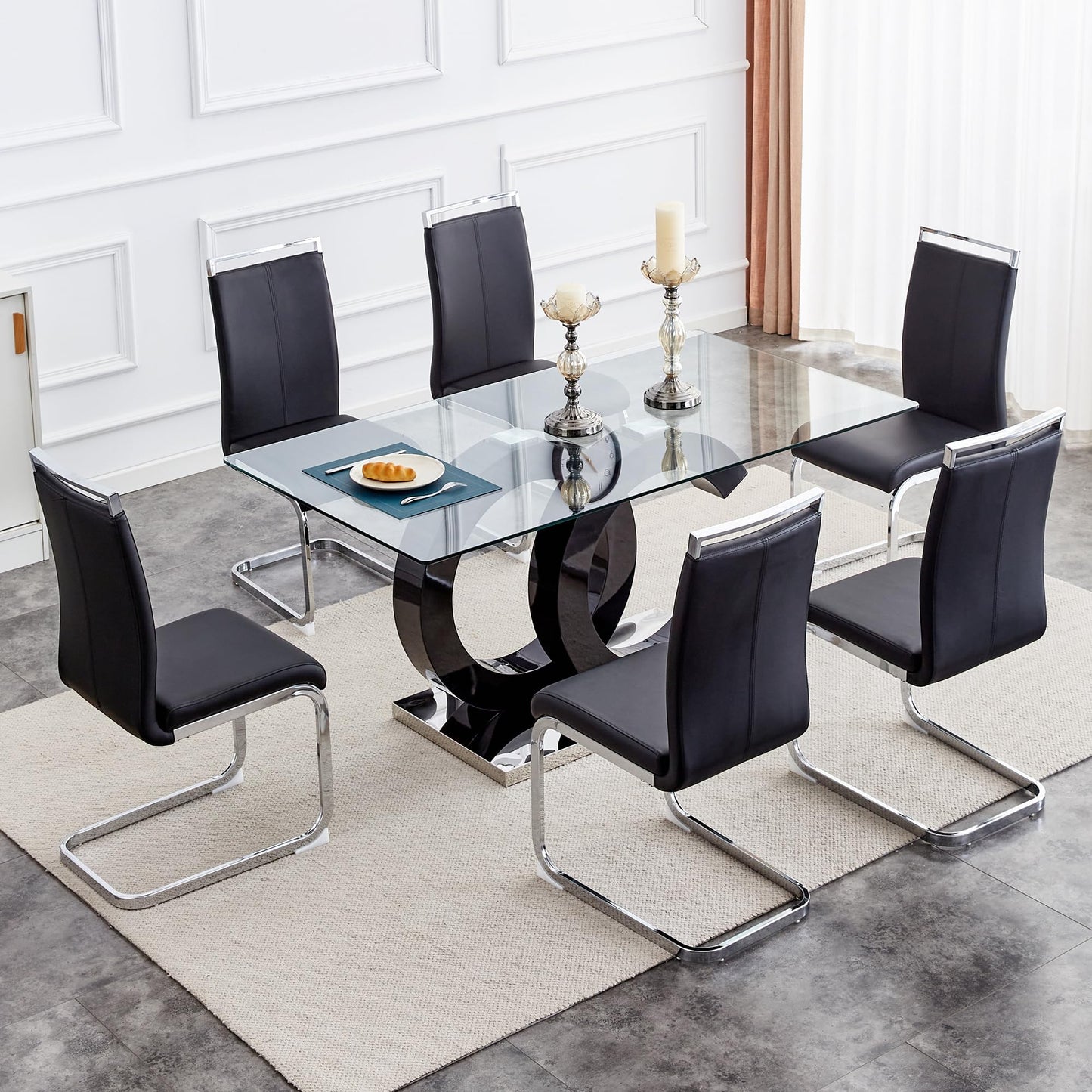 Ebullient Modern 7-Piece Dining Table Set, Tempered Glass Top, 6 PU Leather Ergonomic Chairs, Black
