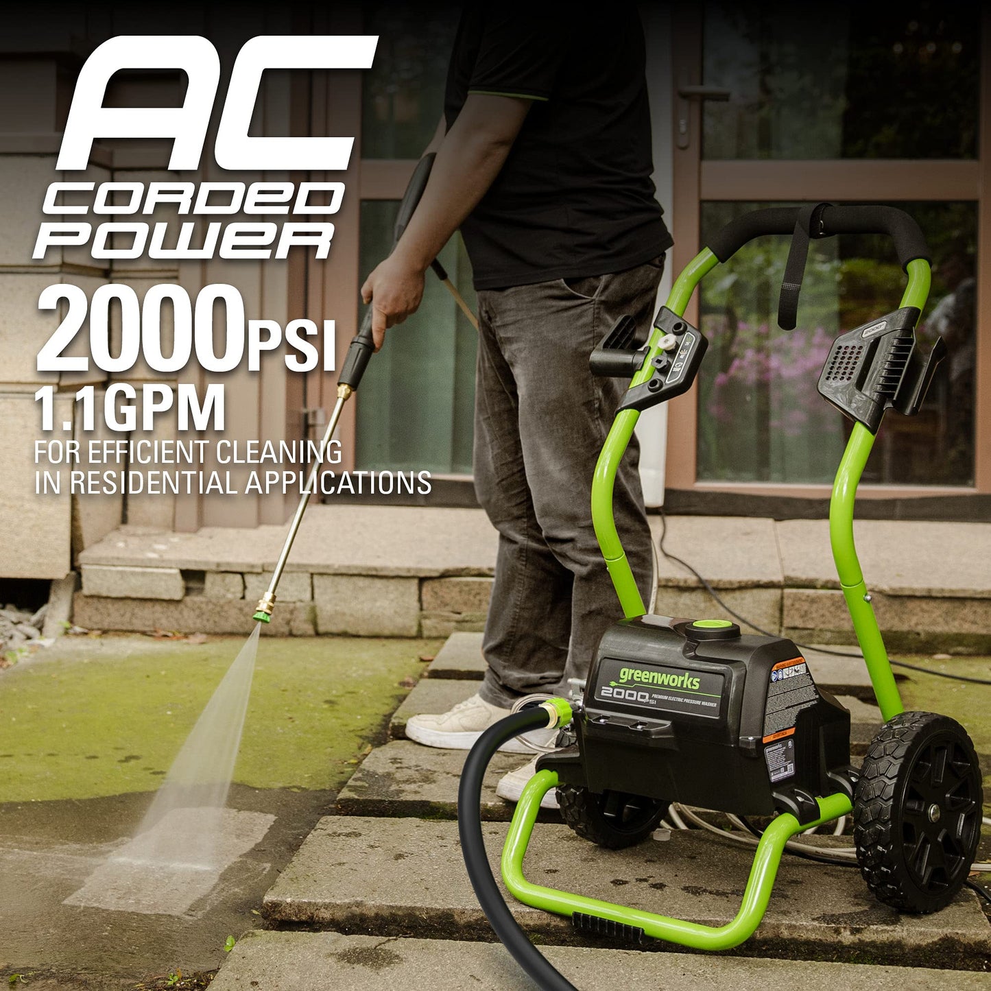 Greenworks 2000 PSI (13 Amp) Electric Pressure Washer (Wheels For Transport / 20 FT Hose / 35 FT Power Cord) Great For Cars, Fences, Patios, Driveways