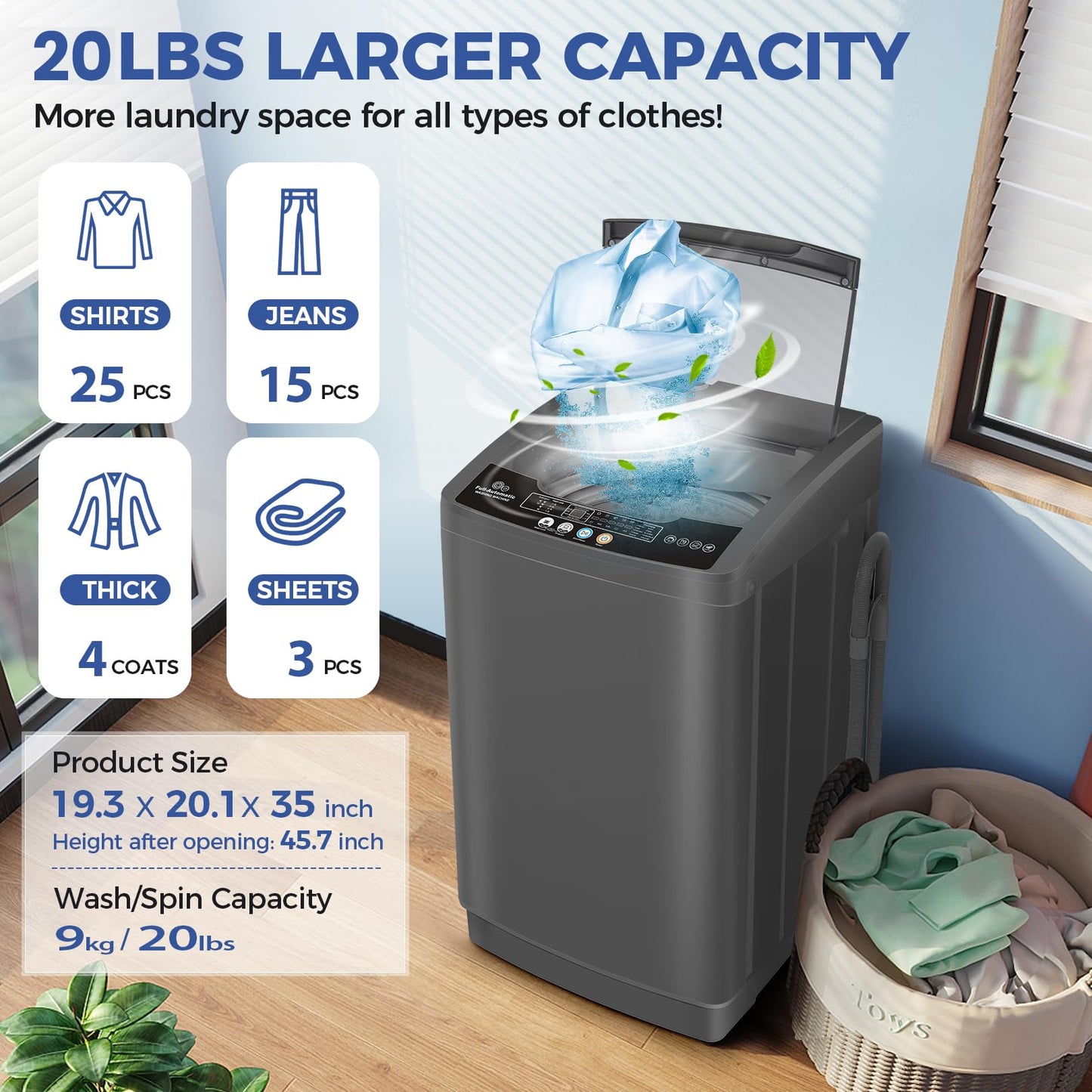 Nictemaw Portable Washing Machine 20Lbs Portable Washer Machine with Drain Pump, 2.8 Cu.ft Compact Washer with 10 Programs 8 Water Levels Small Washing Machine for Apartment, Home, Dorms, Rv