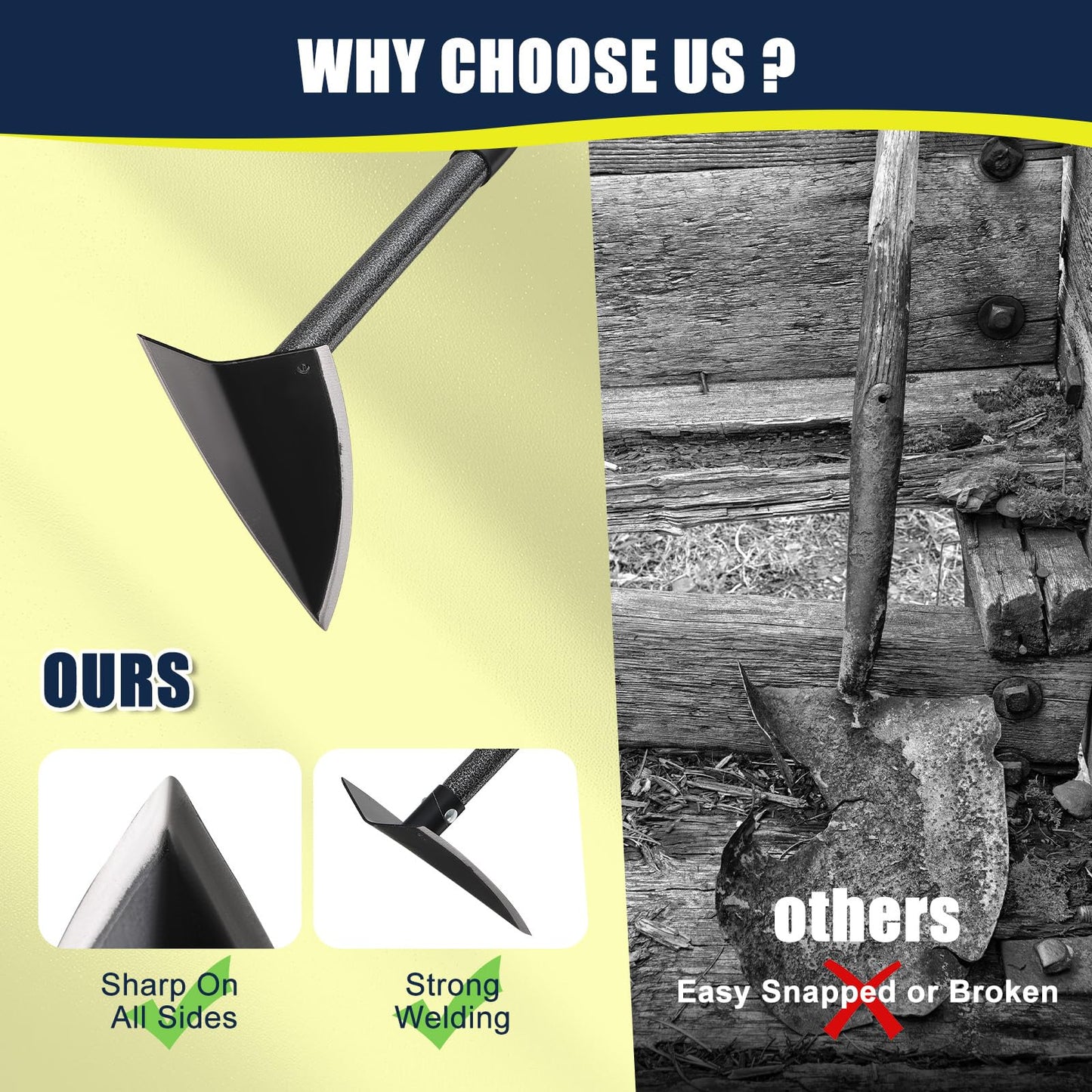 EUIJOIP Extra-Sharp Triangular Hoe - Heavy Duty Gardening & Construction Tool with 15"-60" Adjustable Stainless Steel Pole, Detachable Design for Digging, Weeding, Trenching