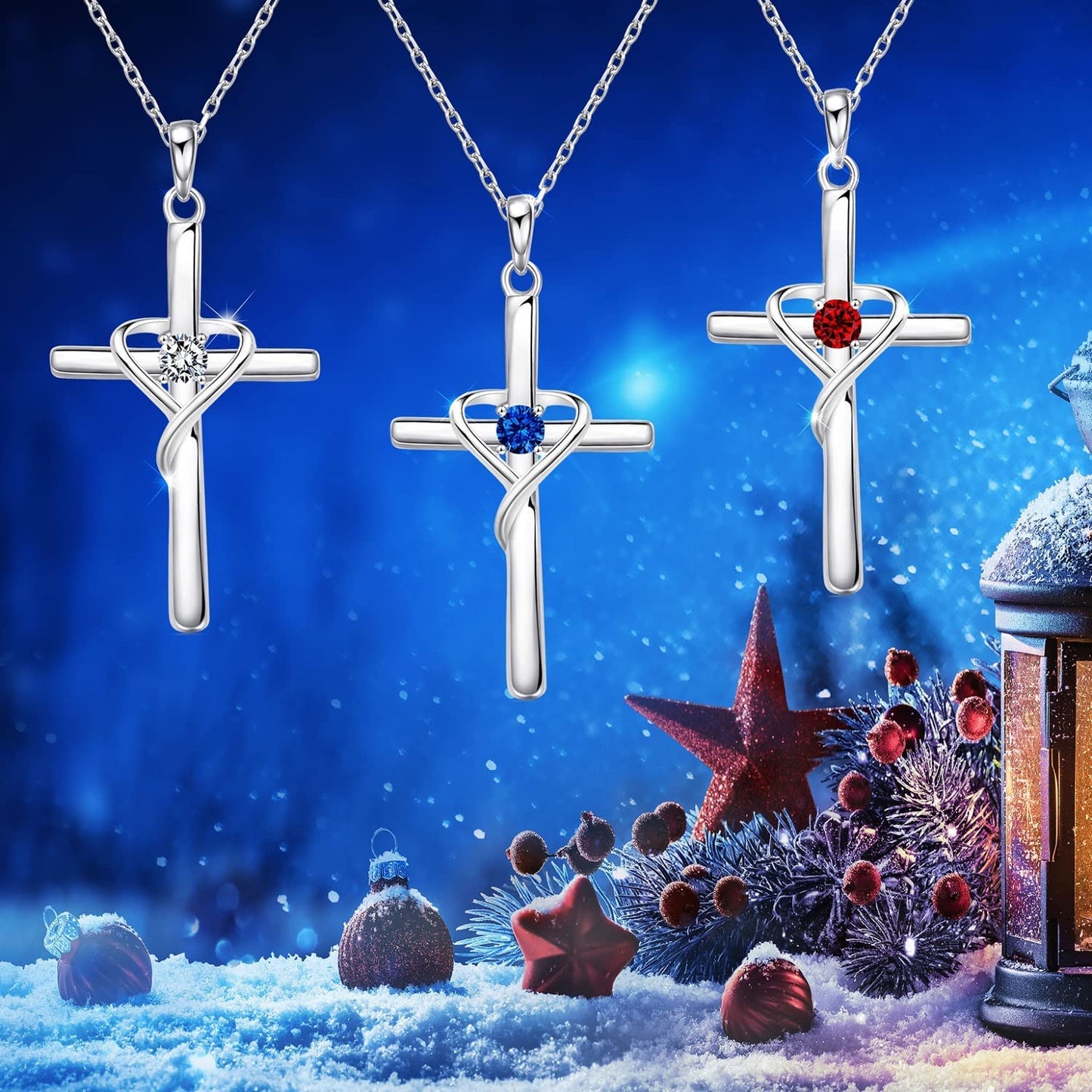 AmorAime 925 Sterling Silver Cross Necklace for Women Men 14K Gold Plated 5A CZ Birthstone Necklaces for Holiday (D.white-CZ-April)