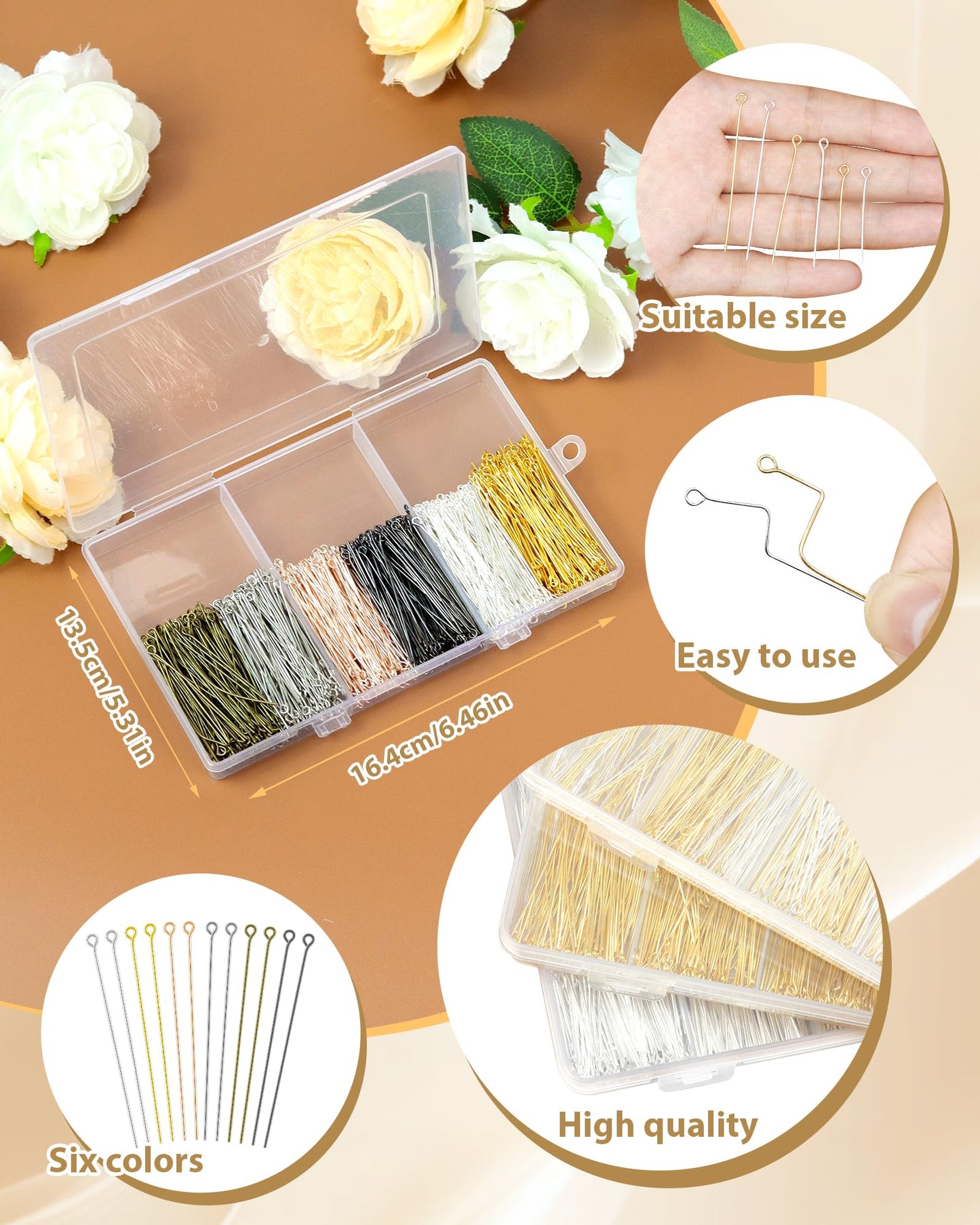 FIVEIZERO 900 PCS Eye Pins for Jewelry Making & Beading, Metal Loop Pin Findings for DIY Earrings, Necklaces, Bracelets, Pendants, Charms, Jewelry Craft Supplies (2 Inch/50mm, 6 Colors)