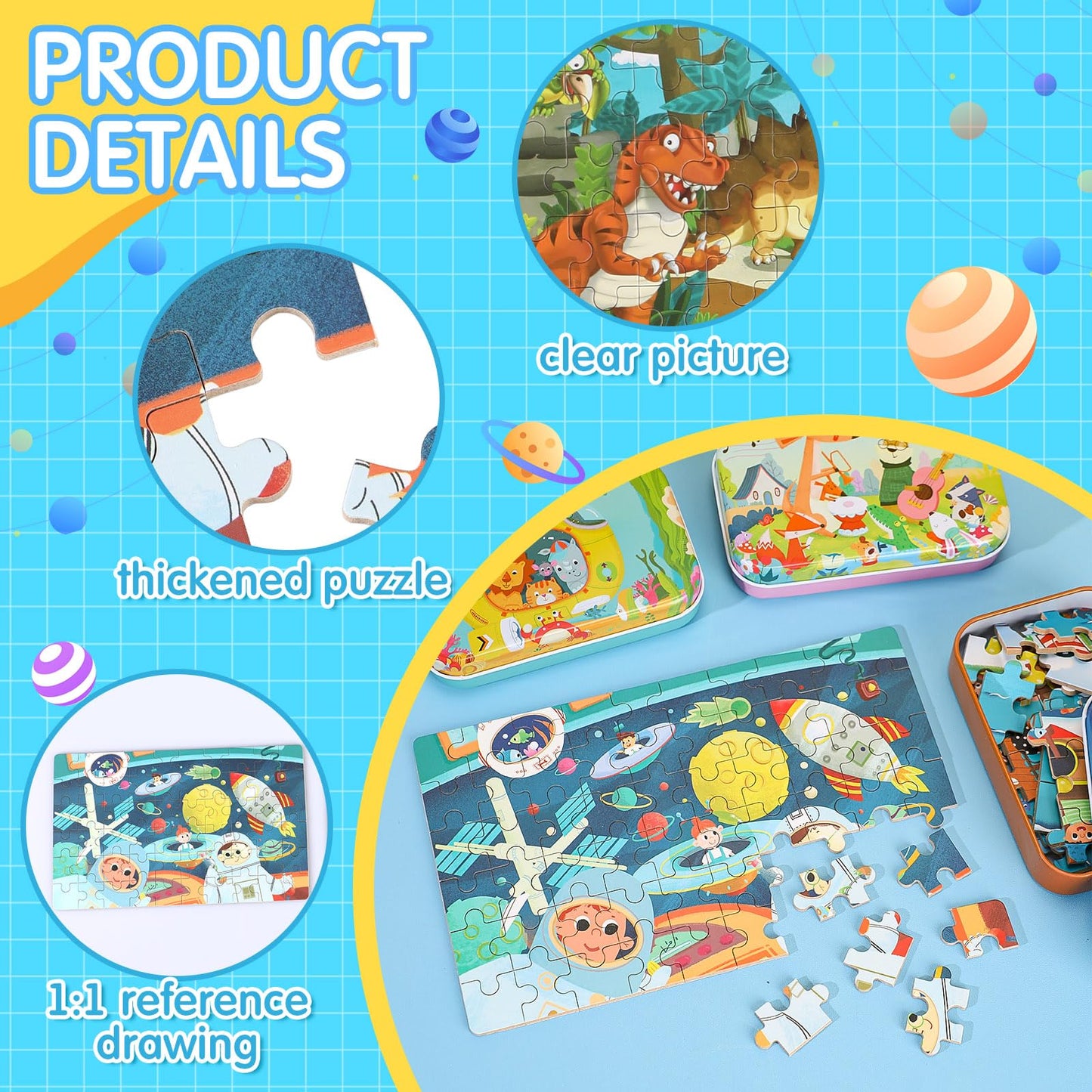 Libima 9 Boxes Party Favors Jigsaw Puzzles in a Metal Box for Birthday Favors Supplies Wooden Puzzle Gifts, 9 Styles, 60 Pieces Each(Delicate Style)