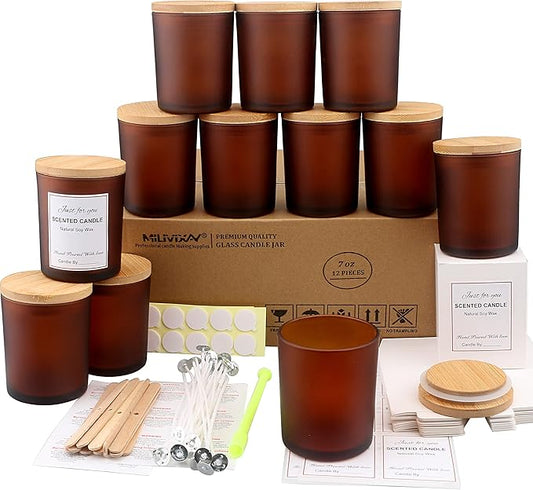 MILIVIXAY 12 Pack 7 OZ Frosted Amber Glass Candle Jars With Lids and Candle Making Kits - Bulk Empty Candle Jars For Making Candles - Spice, Powder Containers.