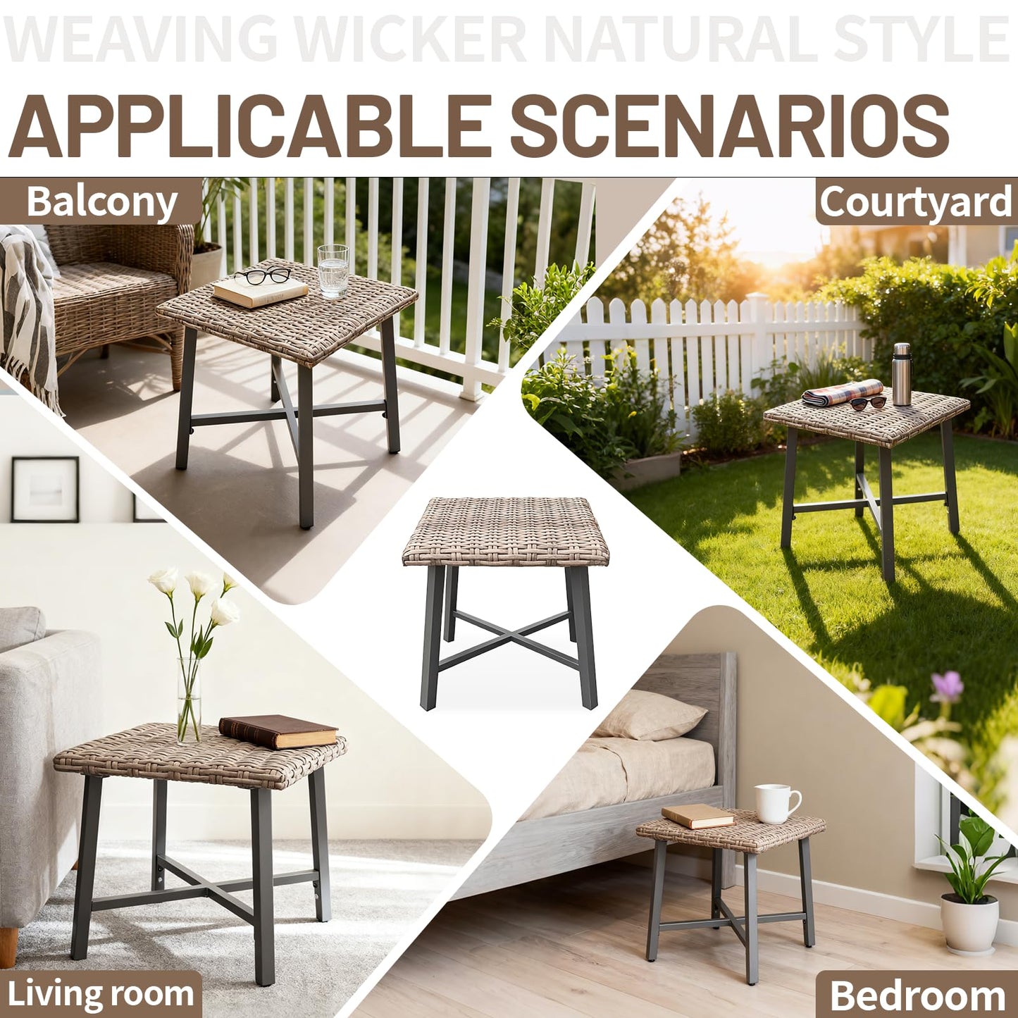MOLIBYME Outdoor Wicker Side Table,Small Square End Table, Patio PE Rattan Side Table Adopt Sturdy Galvanized Steel Frame for Balcony Porch Deck (Brown)