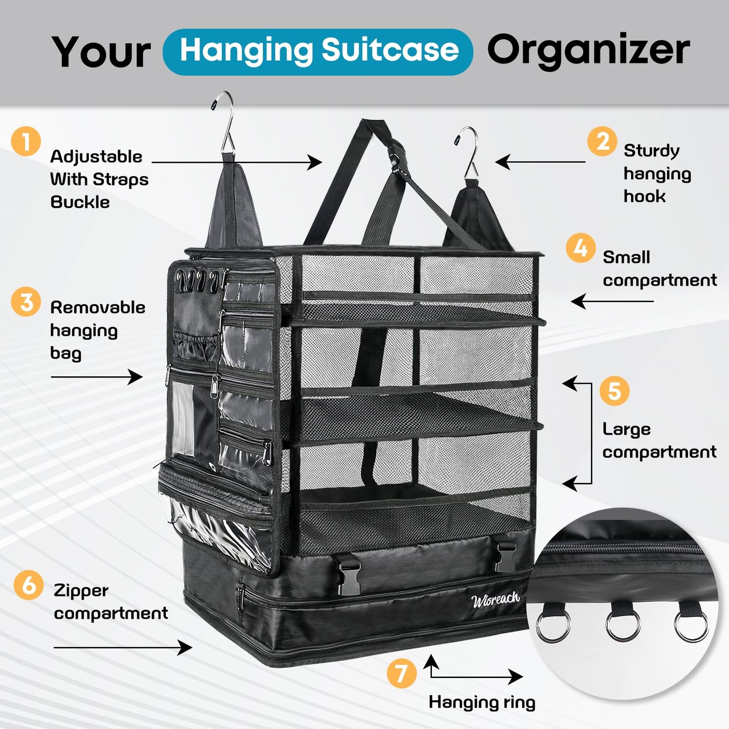 Wisreach Hanging Suitcase Organizer & Travel Shelves, Packing Cubes for Travel, Suitcase Organizer for Carry-on Luggage, Easy Packing & Wrinkle-Free Clothes, Black (Fits Most Travel Bags)