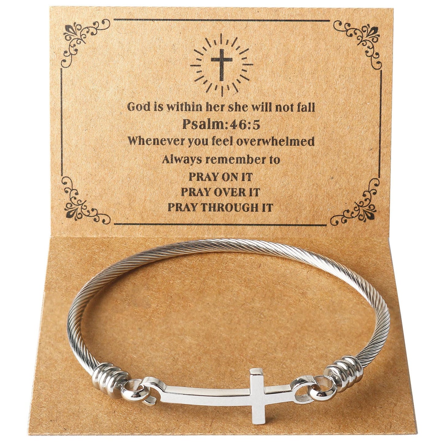 DS Religious Gift for Her Christian Cross Bracelet Bible Verse God is Within Her She Will Not Fall Inspirational Bracelets For Women Stainless Steel Jewelry Gift To Daughter Best Friend (Silver)