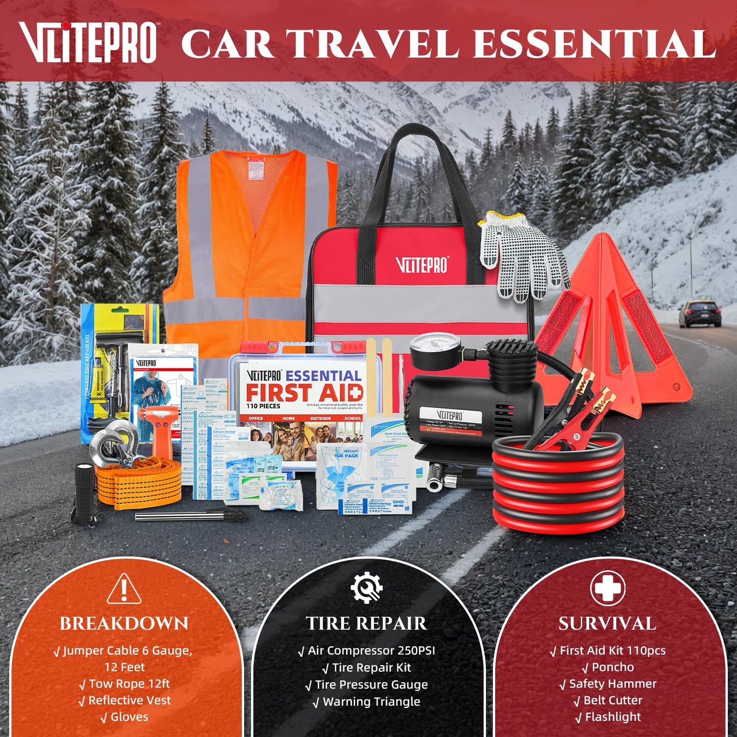 VLITEPRO Car Emergency Kit,Roadside Emergency Car Kit for Vehicles,with Portable Air Compressor,Jumper Cables, First Aid Kit, Roadside Assistance Emergency Safety Kit for Women,Men,Teen (Black+red)