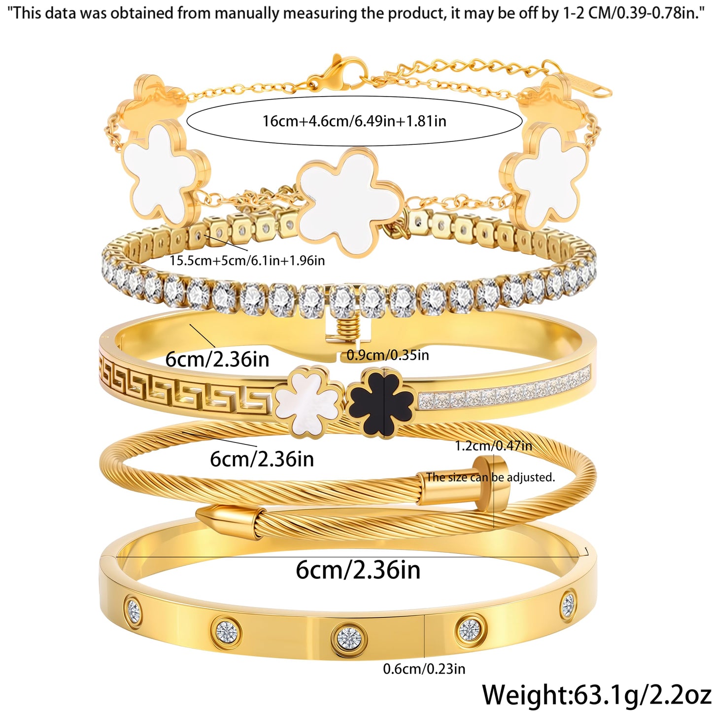 Camhanno 18K Gold Plated Bracelet Set for Women, Stainless Steel Bangle Set with Four Leaf Clover, Crystal Rhinestone Lucky Charm Jewelry, 5-Piece (White Clover Bracelet Collection)