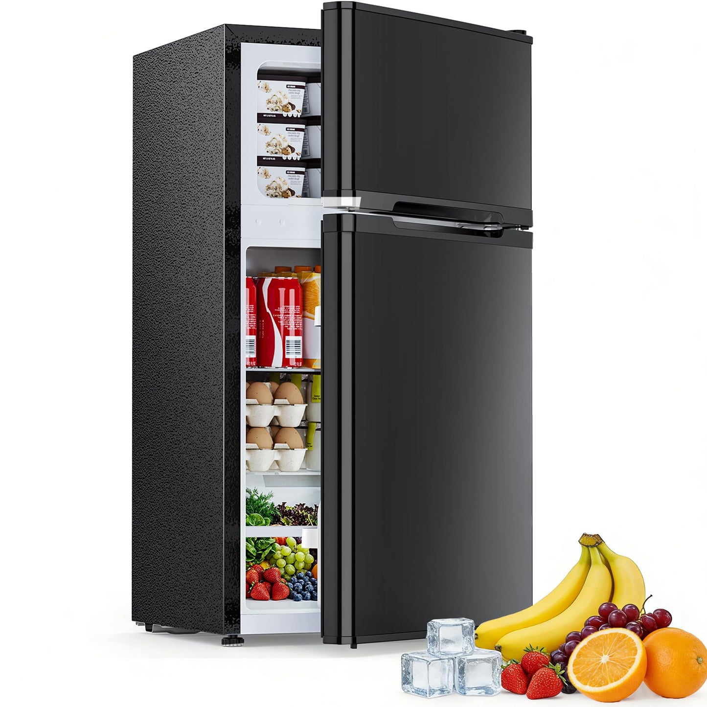 Electactic 2.5 Cu.Ft Mini Fridge with Freezer, Double-Door Compact Refrigerator, Adjustable Glass Shelves, Mechanical Thermostat & Built-in Casters, Space-Saving for Apartment/Dorm/Office, Black
