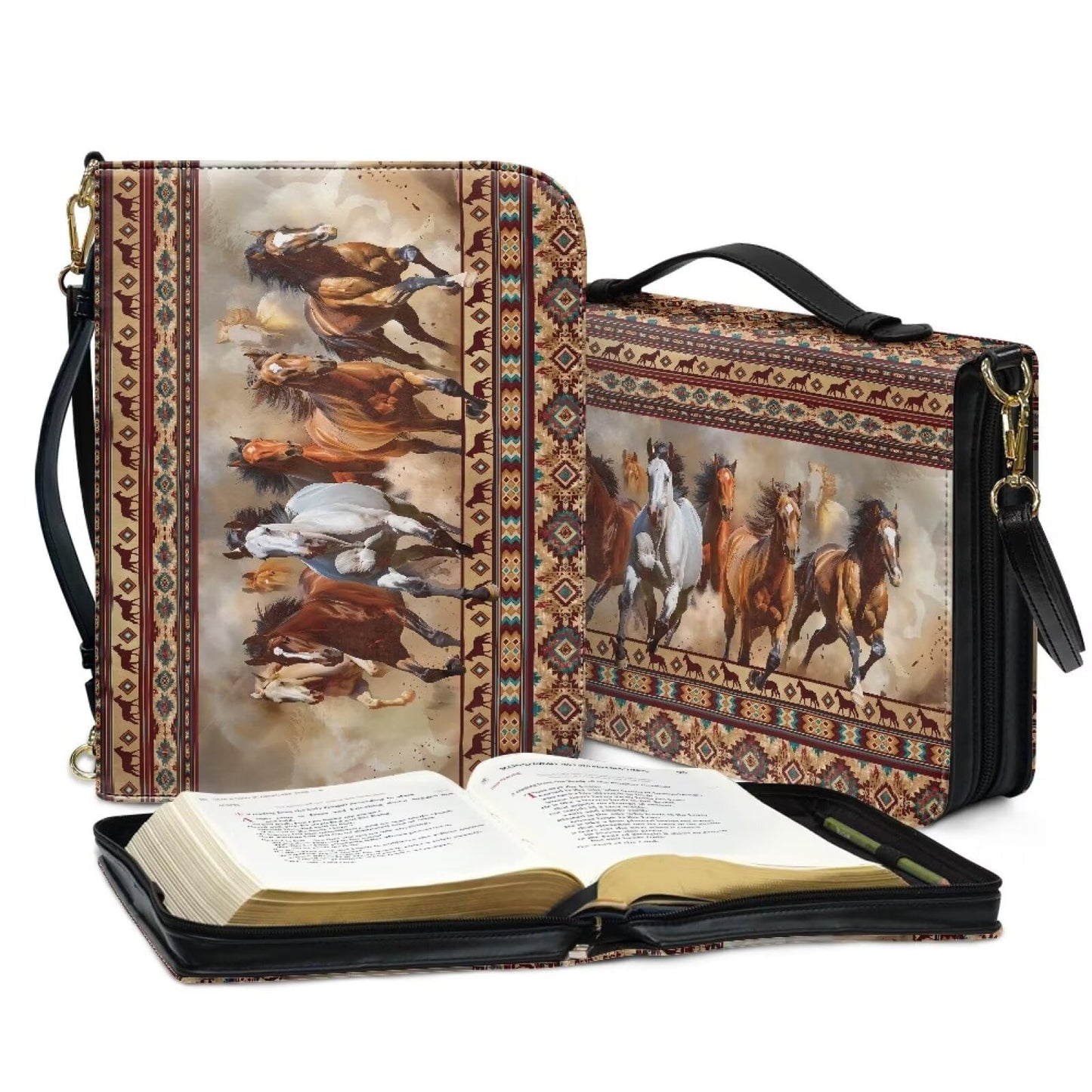 Sktodyaw Large Capacity Bible Book Cover with Horse Navajo Aztec Tribal Print, PU Leather Bible Case with Detachable Strap, Essential for Church,2XL