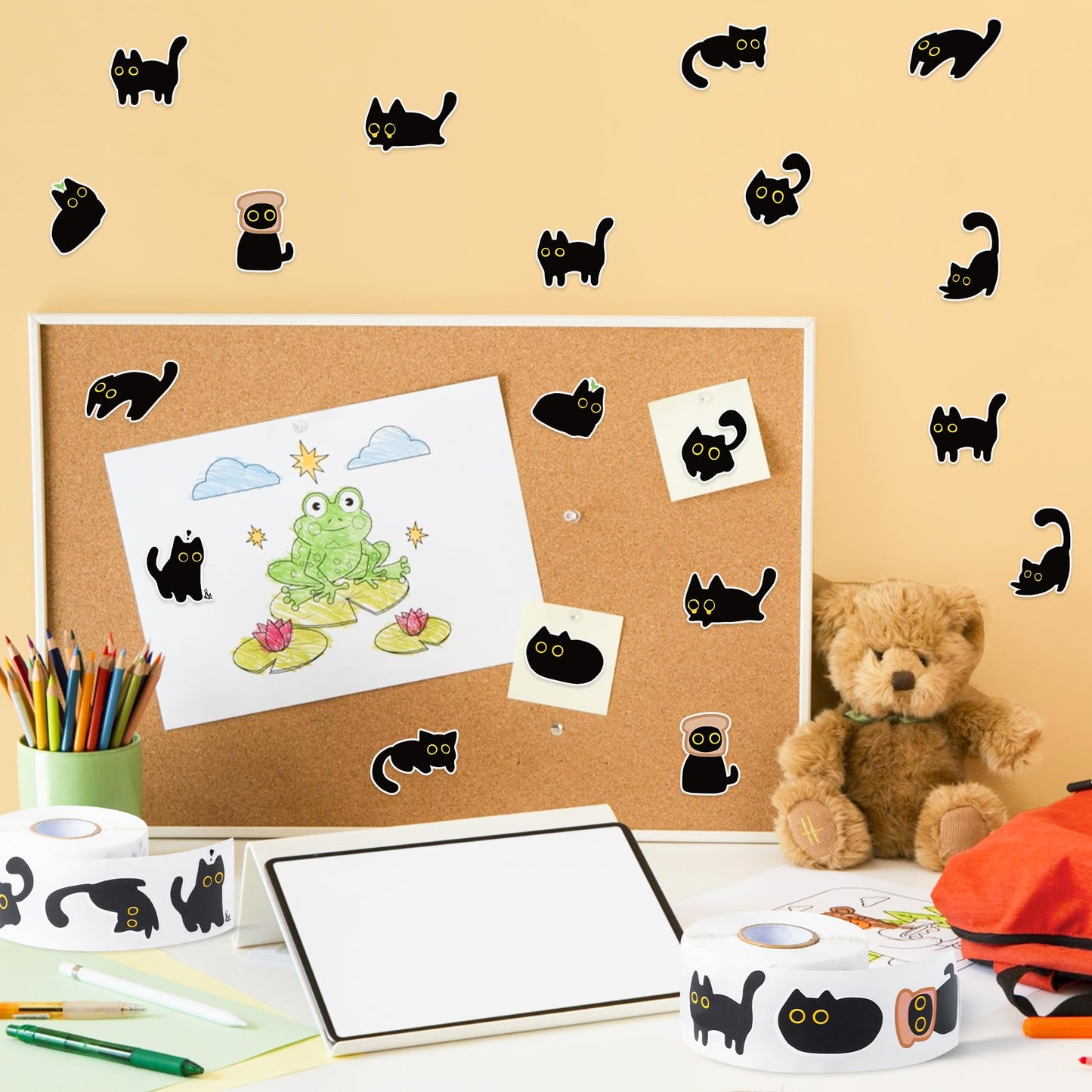 DSjuedui Black Cat Sticker Rolls - 1000Pcs Funny Cartoon Cat Meme 10 Style Stickers Gifts Pack for Kids Teen Adults, Cute Label Decals Crafts for Laptop Guitar Skateboard Home Decor School Rewards