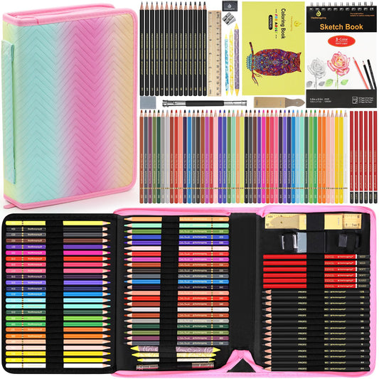 80pcs Drawing Kit Sketching Set Art Sketch Supplies Coloring pencils Kit 48 Colored pencil,14 Graphit, 6 Charcoal, 50 Page 3-Color sketckbook coloring book Portable Case ect. Beginners Artists Adults