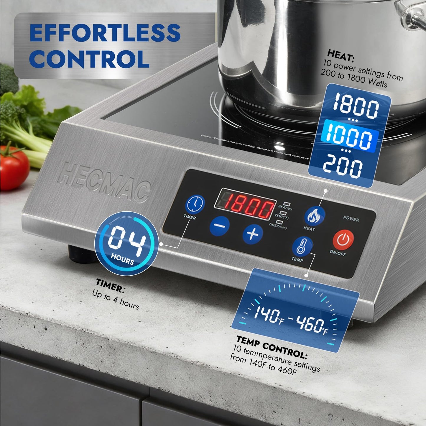 HECMAC 1800W Commercial Induction Cooktop with ETL Certified, Stainless Steel Induction Burner with Large 8" Heating Coil, Induction Cooker with Smart Temperature Control,4 Hours Timer