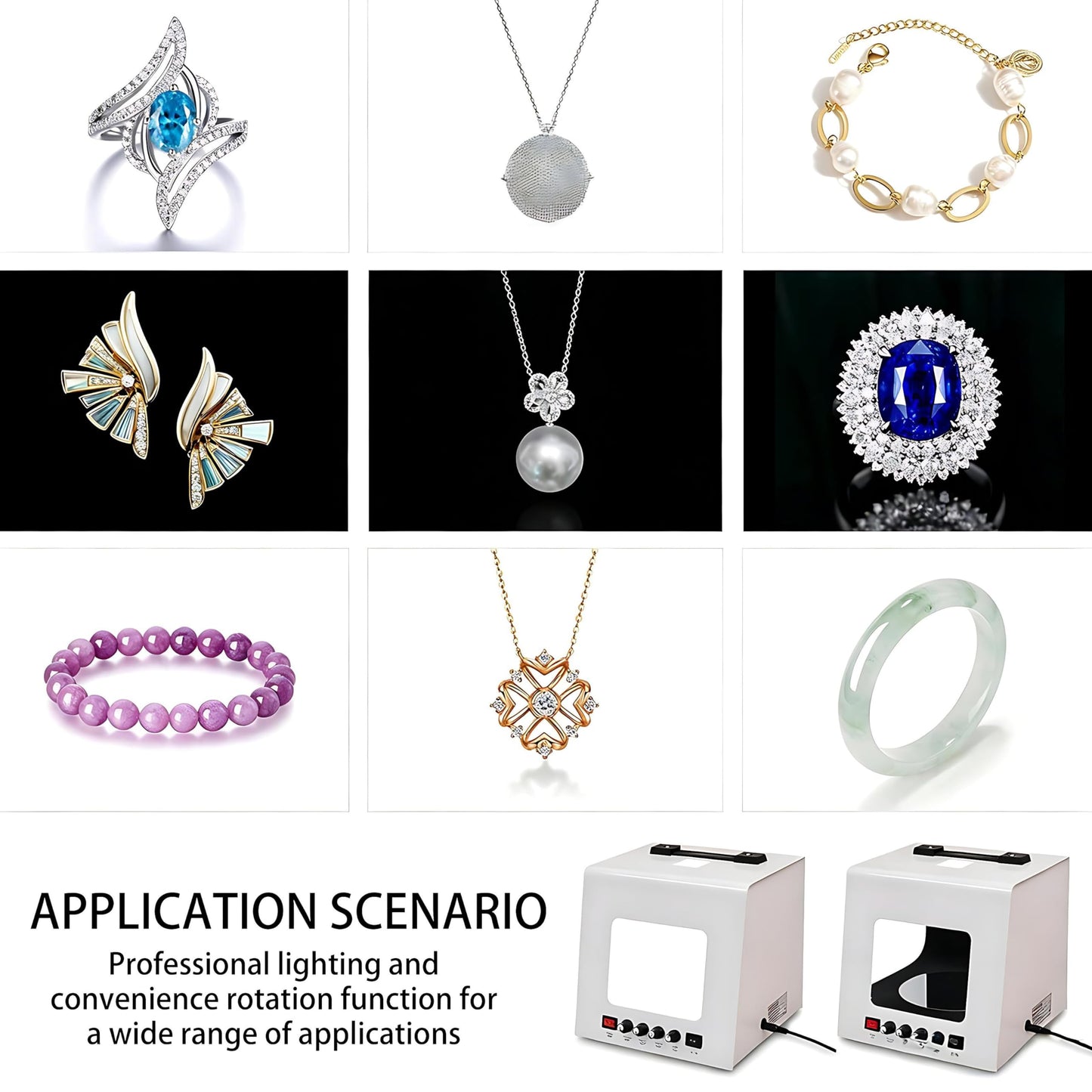 QIUNAOZI Professional Jewelry Photography Light Box Kit. Jewelry Photo Light Box, 4pcs Fill Lights, with 360° Electric Rotating Feature, Support Jewelry Hanging or Placing White-TB30