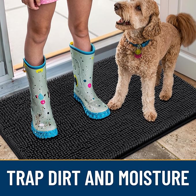 Smiry Dog Door Mat for Muddy Paws 54x24, Absorbs Moisture and Dirt Doormat, Non-Slip Washable Quick Dry Chenille Front Door Mat Indoor Entrance, Entryway Carpet for Inside Floor, Black