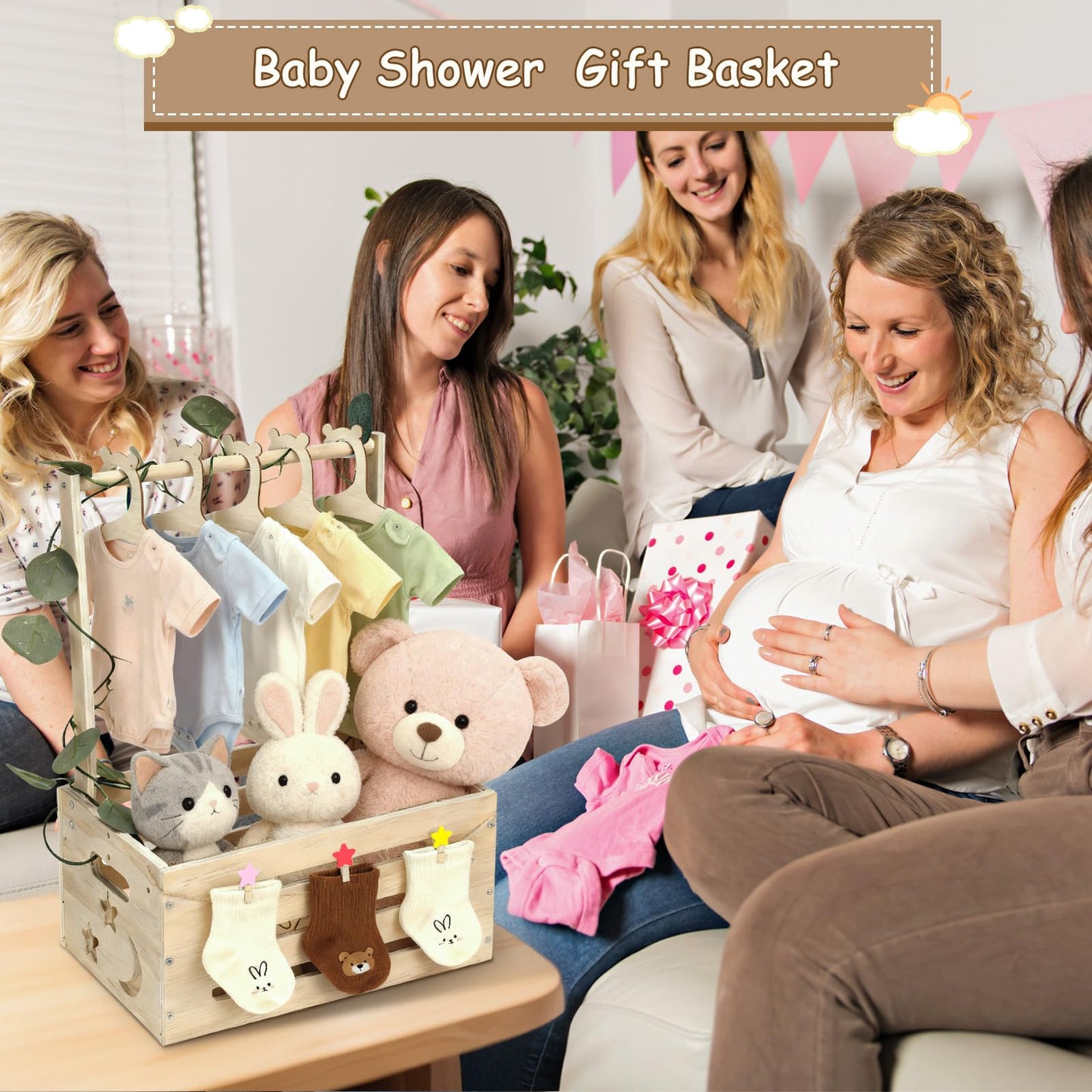 Simabsie Wooden Baby Shower Crate Closet with Hangers, Moon Stars - Personalized Newborn Basket Gifts for Expecting Parents