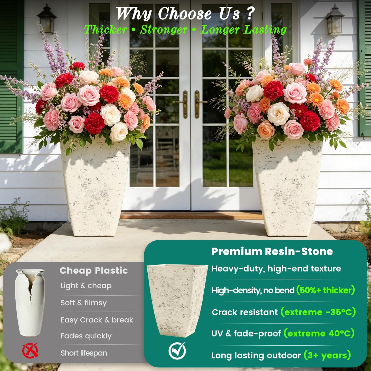 Ultym 19" H Country White Square Planters for Outdoor Plants, Set of 2 Large Flower Pot with Drainage Hole, Weather-Resistant for Porch,Garden, Patio or Indoor Use