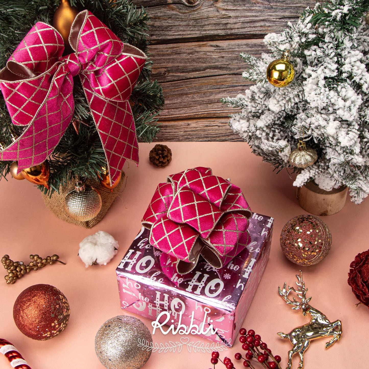 Ribbli Hot Pink Velvet Ribbon Wired with Glitter Diamond Grid 2-1/2 Inch Christmas Ribbon for Christmas Tree Decoration Big Bow Gift Wrapping Crafts Wreaths Garland Supplies - 10 Yards