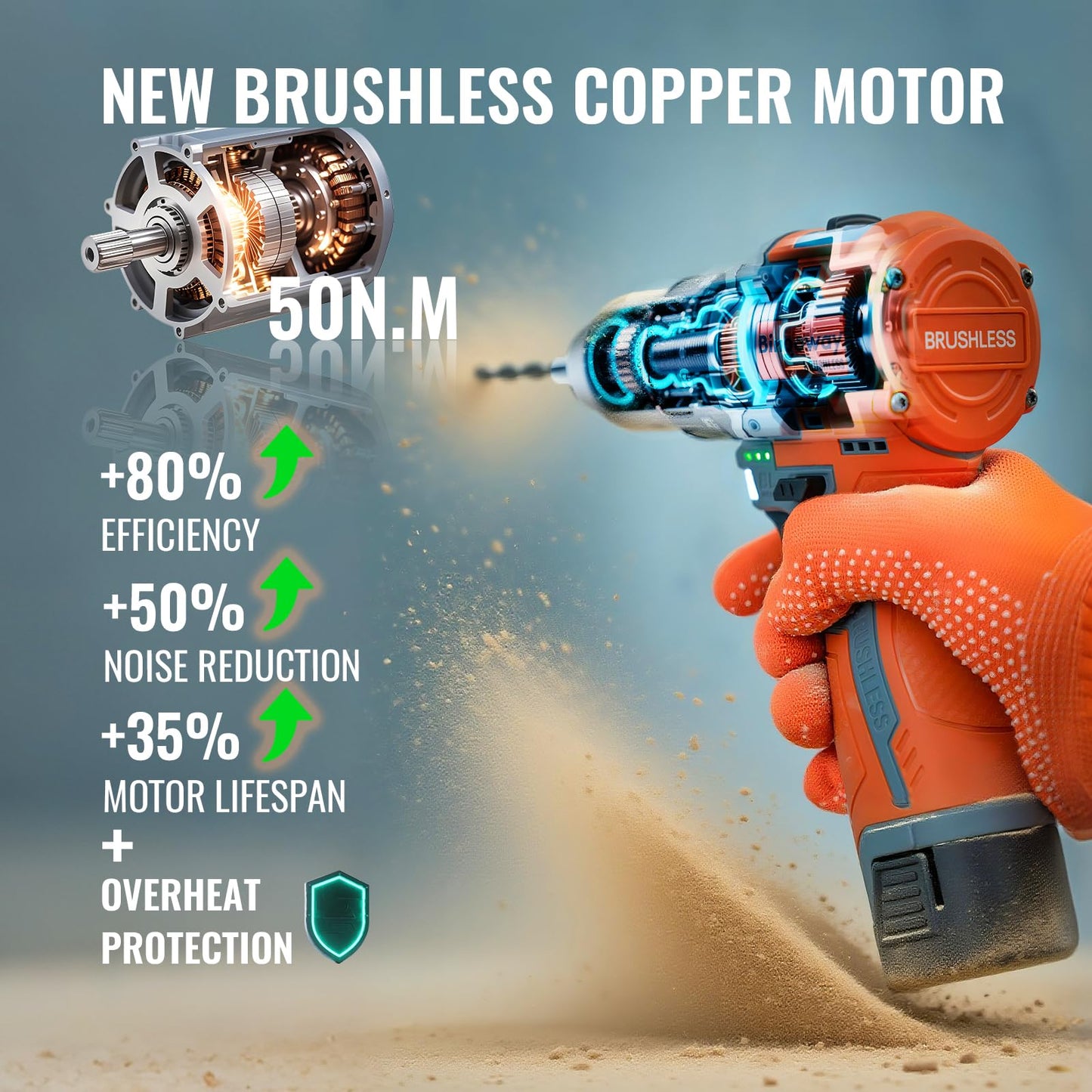 50N.m Brushless Cordless Drill, 16V 4-Function Electric Drill with 36 pcs Accessories, Keyless Metal Chuck, 35 Torque Adjustment, 2pcs Batteries, 2 Speed, Screwdriver, Wrench, Impact Gun For Housework