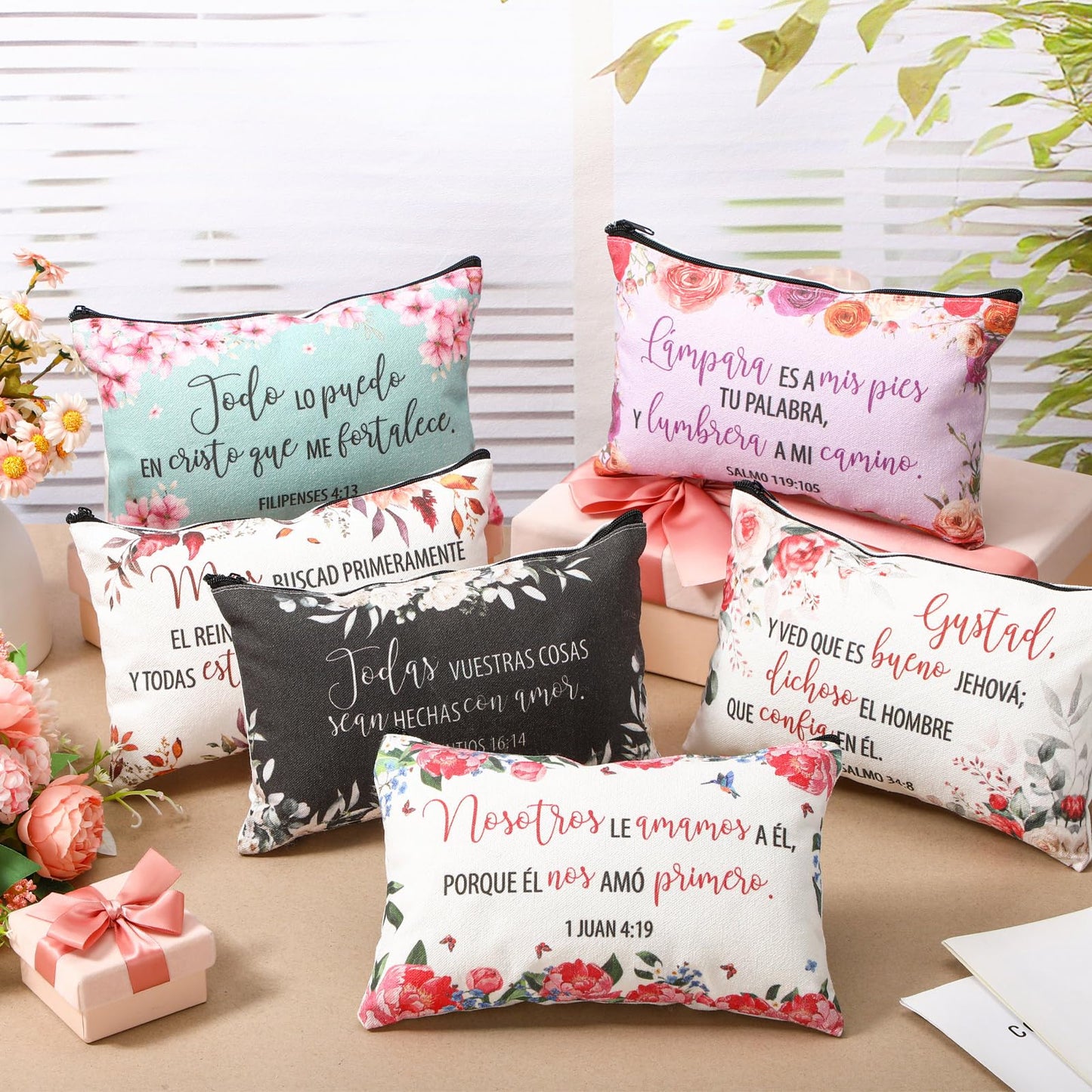 Kacctyen 18 Pcs Spanish Bible Christian Women's Religious Gift Cosmetic Bags Inspirational Bible Verse Pencil Pouch Motivational Makeup Bag with Zipper for Travel (Fresh)