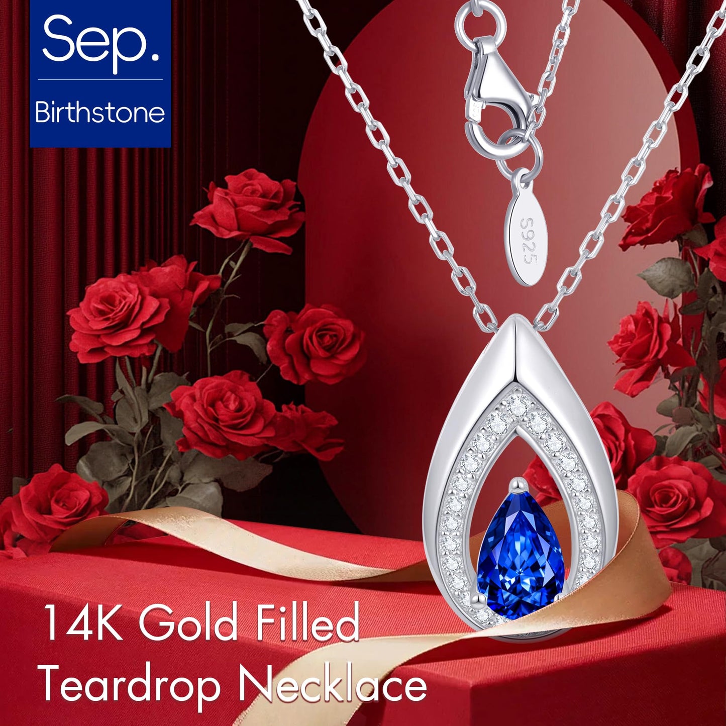 Kstyle 925 Sterling Silver Sapphire September Birthstone Pendant Necklace Teardrop Jewelry Valentine's Day Anniversary Birthday Gift for Wife Girlfriend Her Mom Sister Non Tarnish