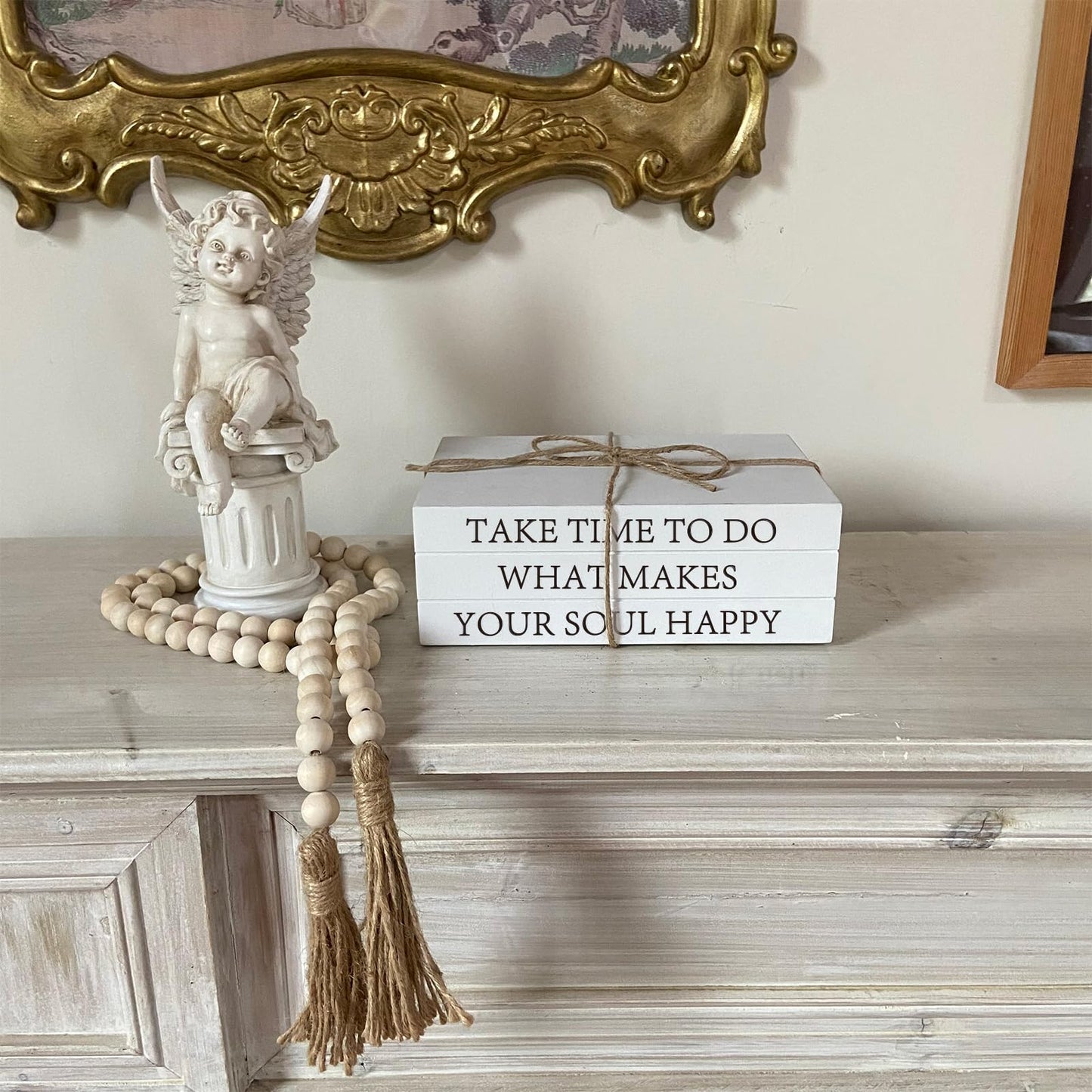 Decorative Books for Home Decor, White Faux Books for Decoration, Rustic Farmhouse Stacked Display Books with 52in Wood Bead Garland for Coffee Tables Living Room (TAKE TIME to DO)