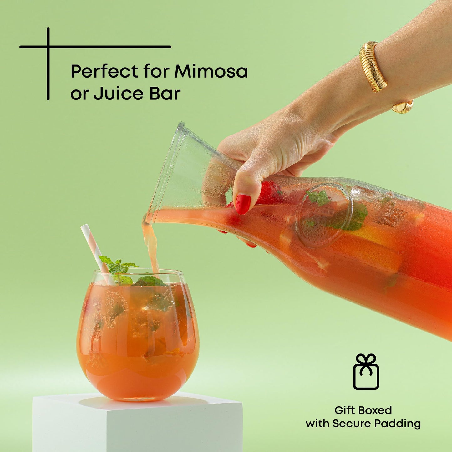JoyJolt Glass Carafe with Lid, Set of 3 – 1 Liter Glass Pitcher for Mimosa Bar, Water, Iced Tea, Juice, Wine, Lemonade, Milk – Dishwasher Safe Beverage Drink Dispensers for Brunch, Parties