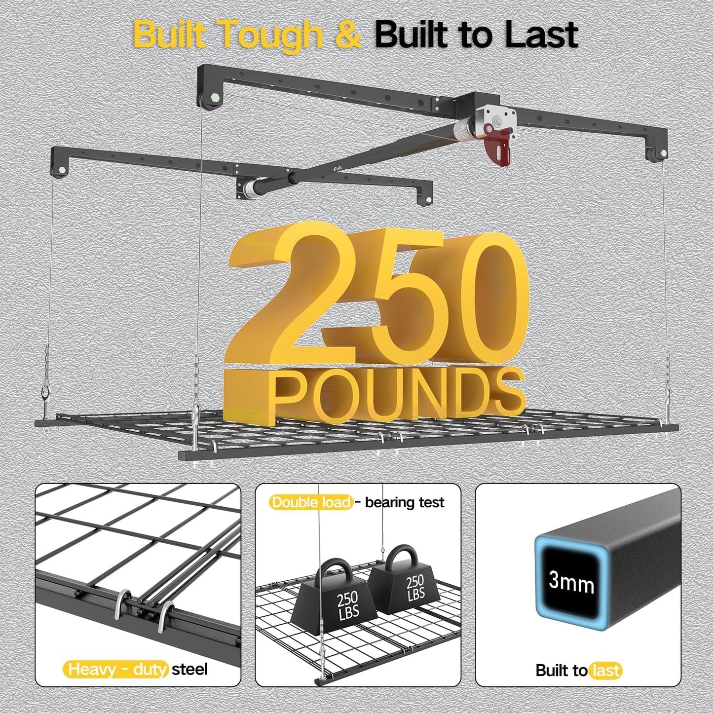 Overhead Garage Storage Rack for 12-14ft Ceiling, Heavy-duty 4x4 FT Garage Ceiling Storage Racks with Safety Lock, Ideal for Storage Mounted Lift System and Storage Organizer, 250lbs Capacity