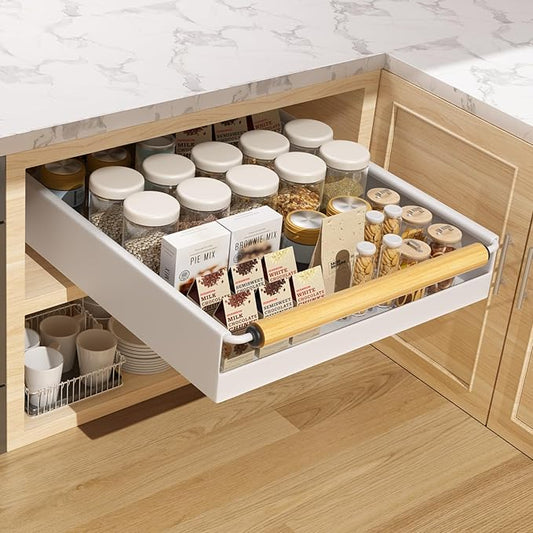 Pull Out Cabinet Organizer, 15.3'' Deep Expandable Slide Out Cabinet Organizer Fixed with Adhesive Nano Film, Slide Out Drawers Pull Out Tray for Cabinet in Kitchen, Pantry, Bathroom, White