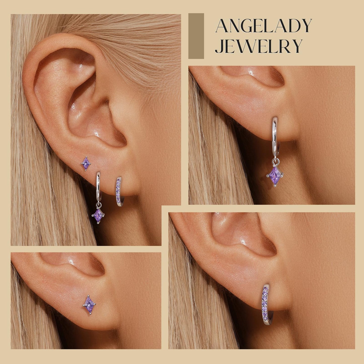 Sterling Silver Earrings Set for Women, Dainty Silver Purple Cartilage Huggie Hoop Earring, Hypoallergenic Trendy Small Amethyst Earring Stacks for Multiple Piercing, Purple Earring Jewelry Gifts