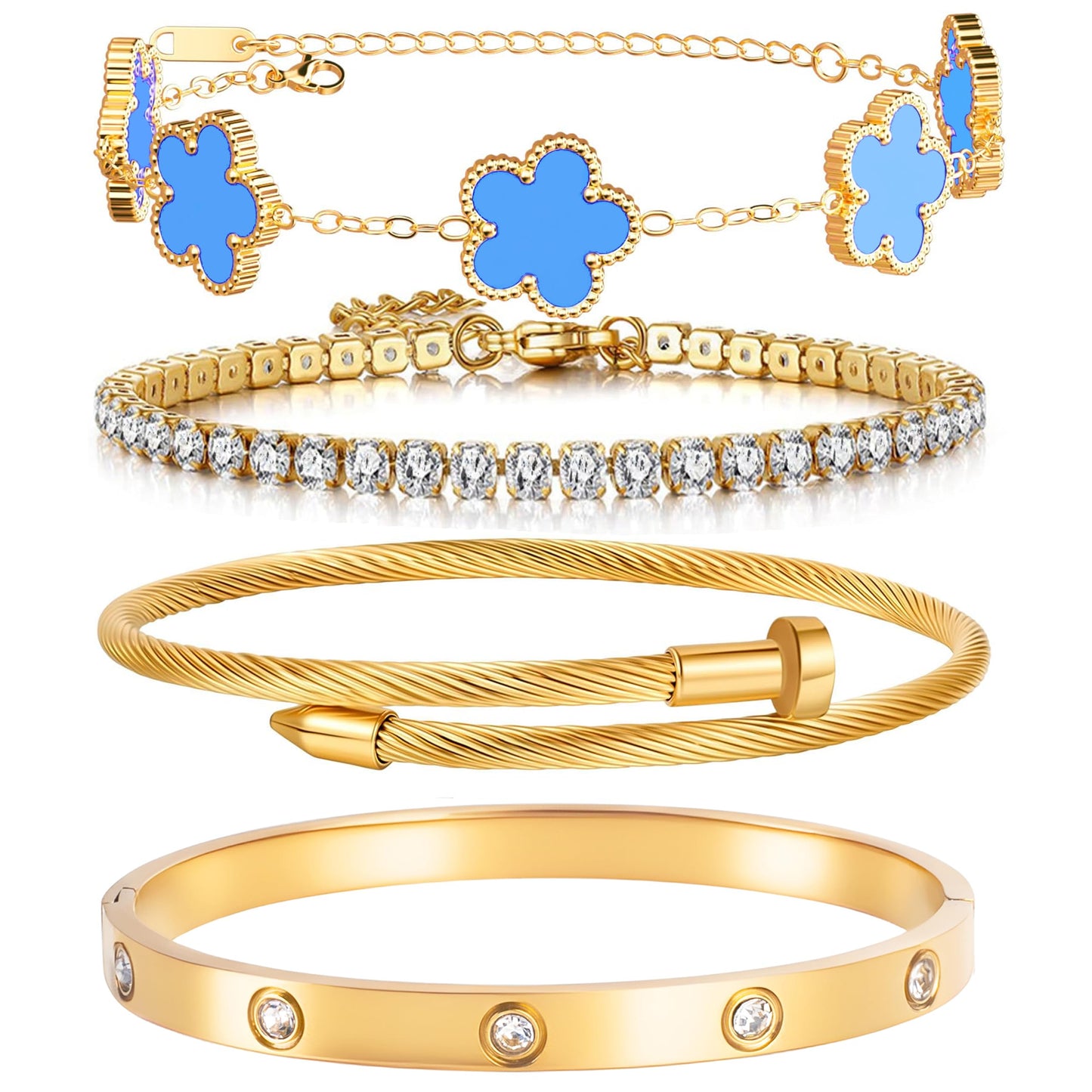 Lamdo 18K Gold Plated Womens Stackable Floral Gold Clover Bracelets Set Love Bangle Bracelets Non Tarnish, Gold Bracelet Set Trendy Jewelry,Gifts for Women's Day and Mother's Day