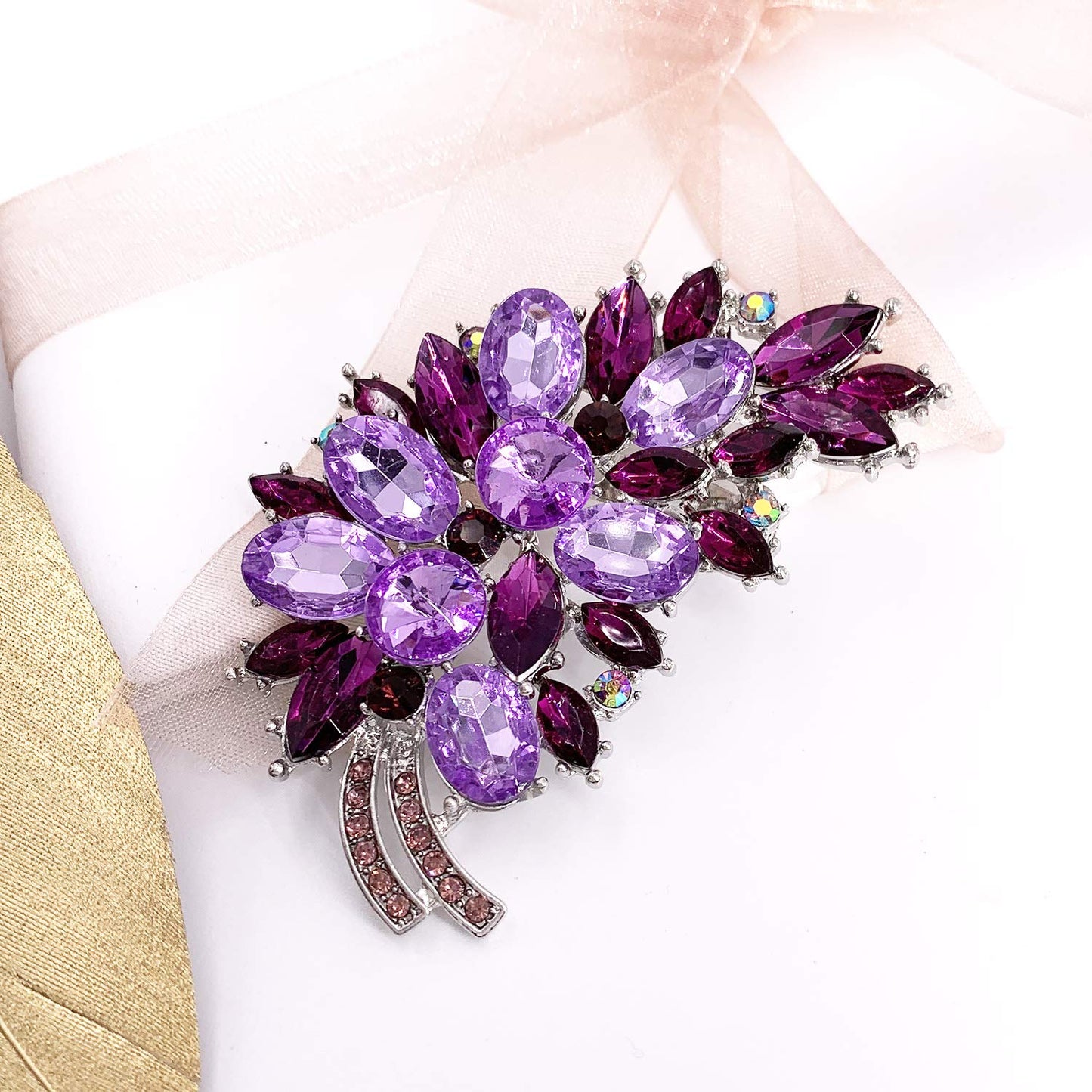 LAXPICOL Vintage Purple Austrian Crystal Flower Leaf Bouquet Clusters Large Big Brooch Pin For Women Jewelry