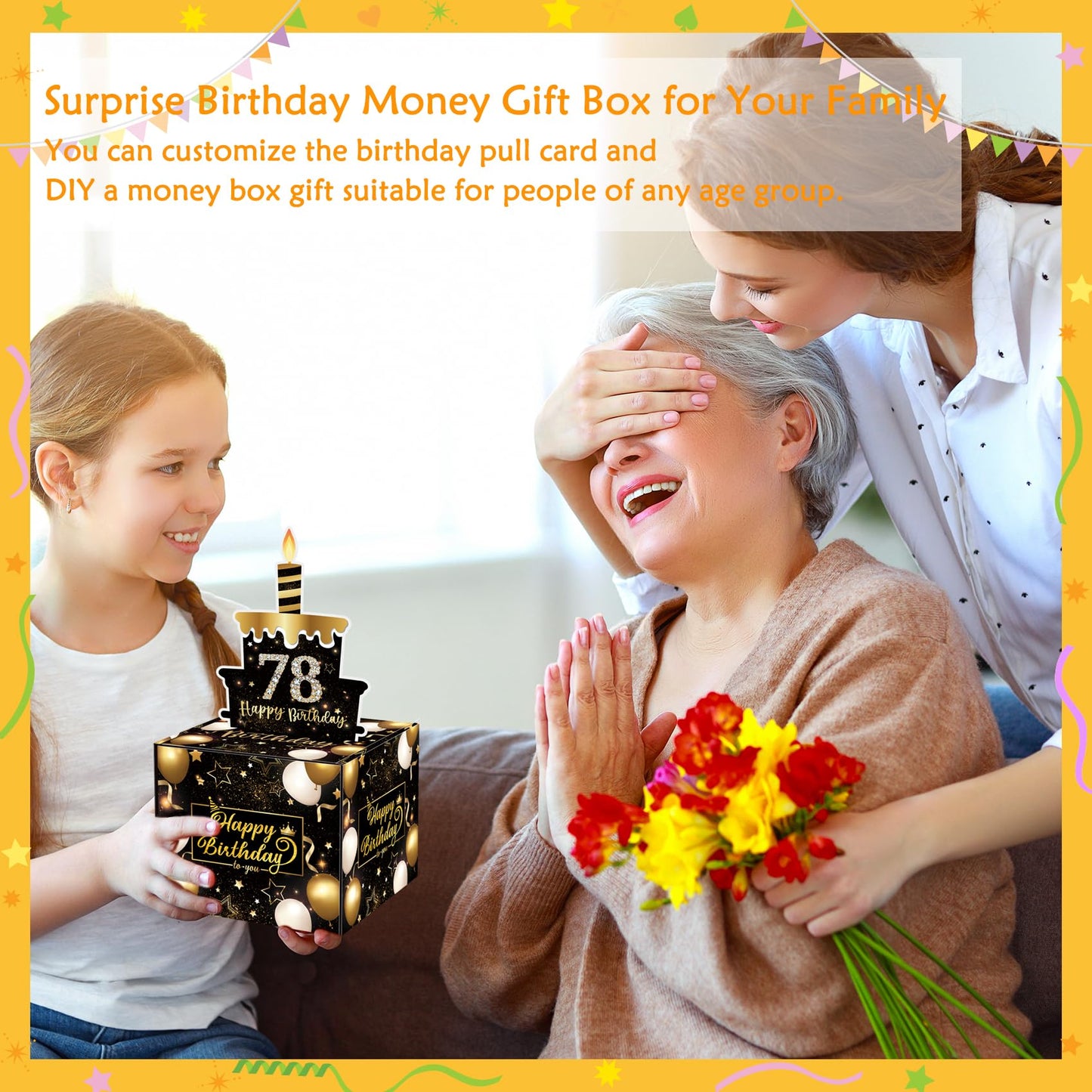 Meiidoshine Birthday Money Gift Box with DIY Stickers for Any Age, Surprise Money Boxes for Cash Gift with Pull Out Happy Birthday Day Card and 50Pcs Transparent Bags
