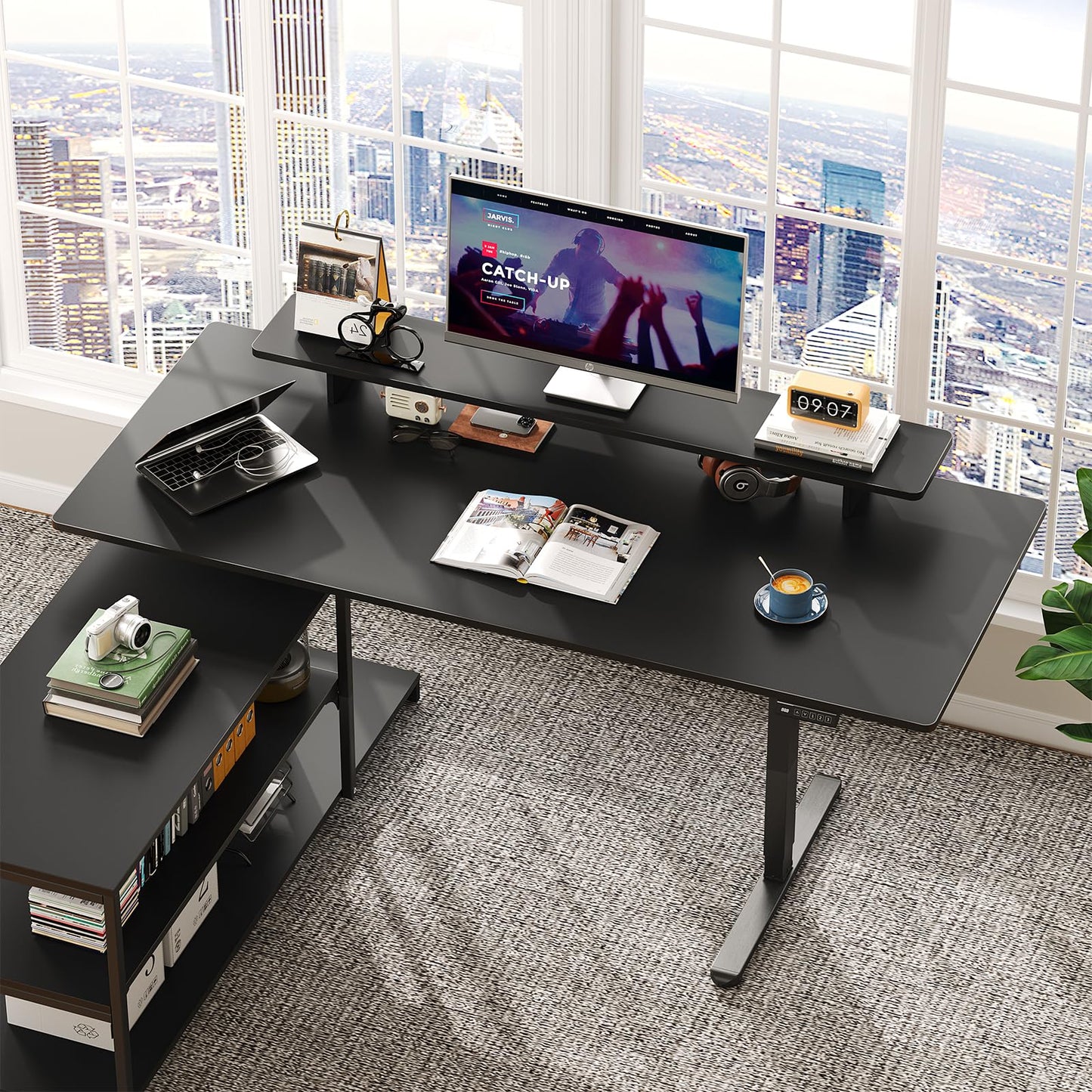 Lefurture Standing Desk with File Cabinet, 63x24'' L Shaped Electric Stand Up Desk with Adjustable Monitor Shelf, Adjustable Height 28-46'' for Home and Computer Workstation, Black