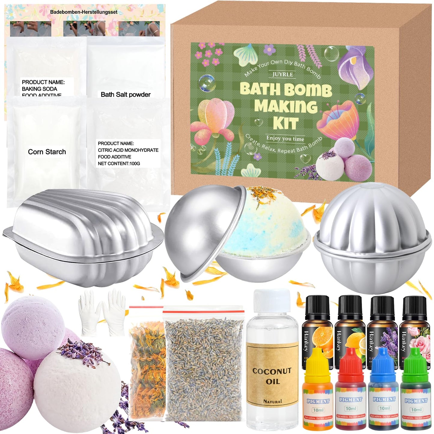 JUYRLE Bath Bomb Making Kit- 23Pcs DIY Bath Bombs for Women, Make Your Own SPA Products, Soap Making Kit with Stainless Steel Molds, Bath Foam, Bath & Bathing Shower Accessories Gifts for Girls Women