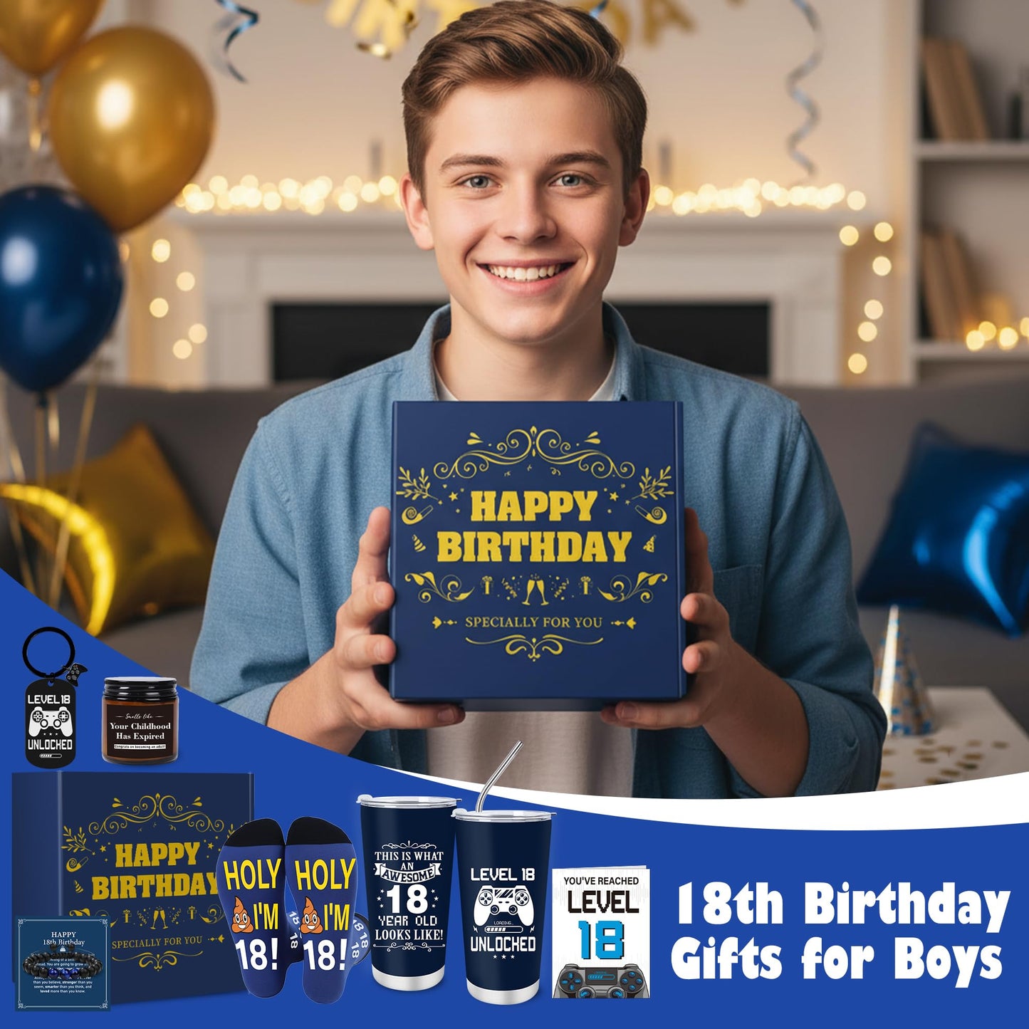 Keluna 18th Birthday Gifts for Boys - 18 Year Old Boy Birthday Gifts Idea with 20 Oz Tumbler, Bracelet, Socks, Keychain, Greeting Card for Son, Nephew, Grandson, Brother, Boyfriend Christmas Holiday