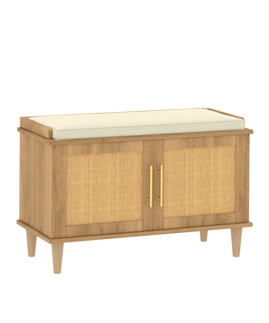 Akxomel Rattan Shoe Storage Bench with Cushion, 2-Tier Entryway Bench with Adjustable Shelves and 2 Doors, 15" D x 31.5" W x 20" H, Solid Wood Legs, for Hallway, Living Room, Bedroom, Natural Oak