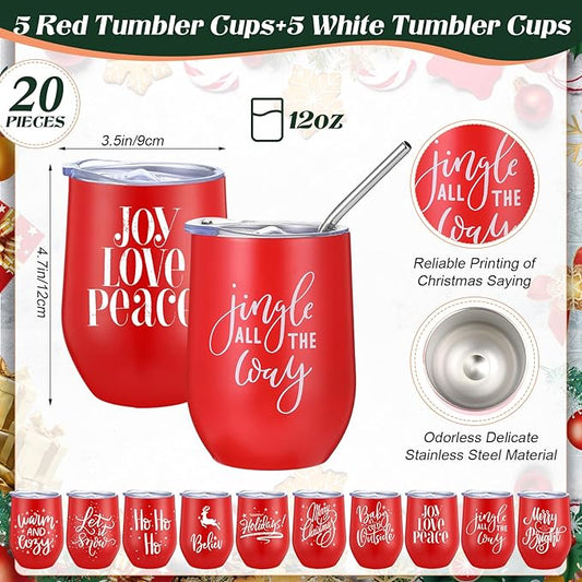 Uiifan 20 Pack Christmas Tumblers Gifts 12 Oz Xmas Funny Tumbler Christmas Stainless Steel Coffee Mugs Set Xmas Insulated Travel Cup with Straw Lid for Family Xmased Holiday Gift (Red)
